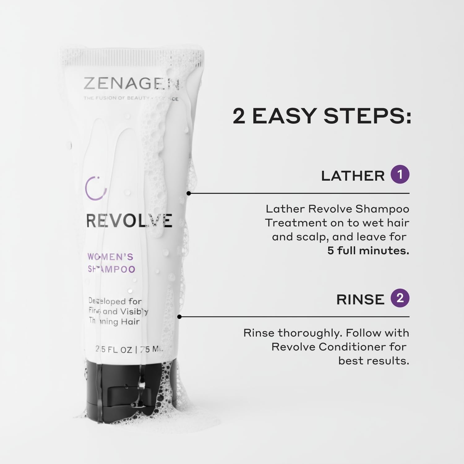 Zenagen Revolve Women's Travel Kit with shampoo and conditioner for fine and thinning hair, shown in travel-sized bottles.