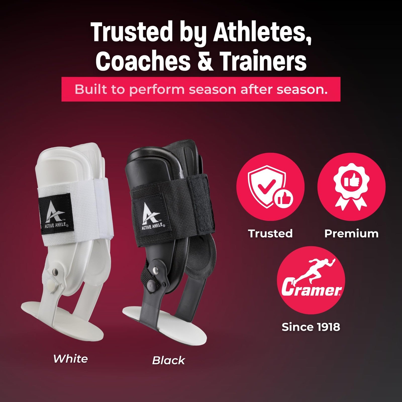 Black Cramer Active Ankle T2 brace providing support for men and women, shown on a person’s ankle in this product image.