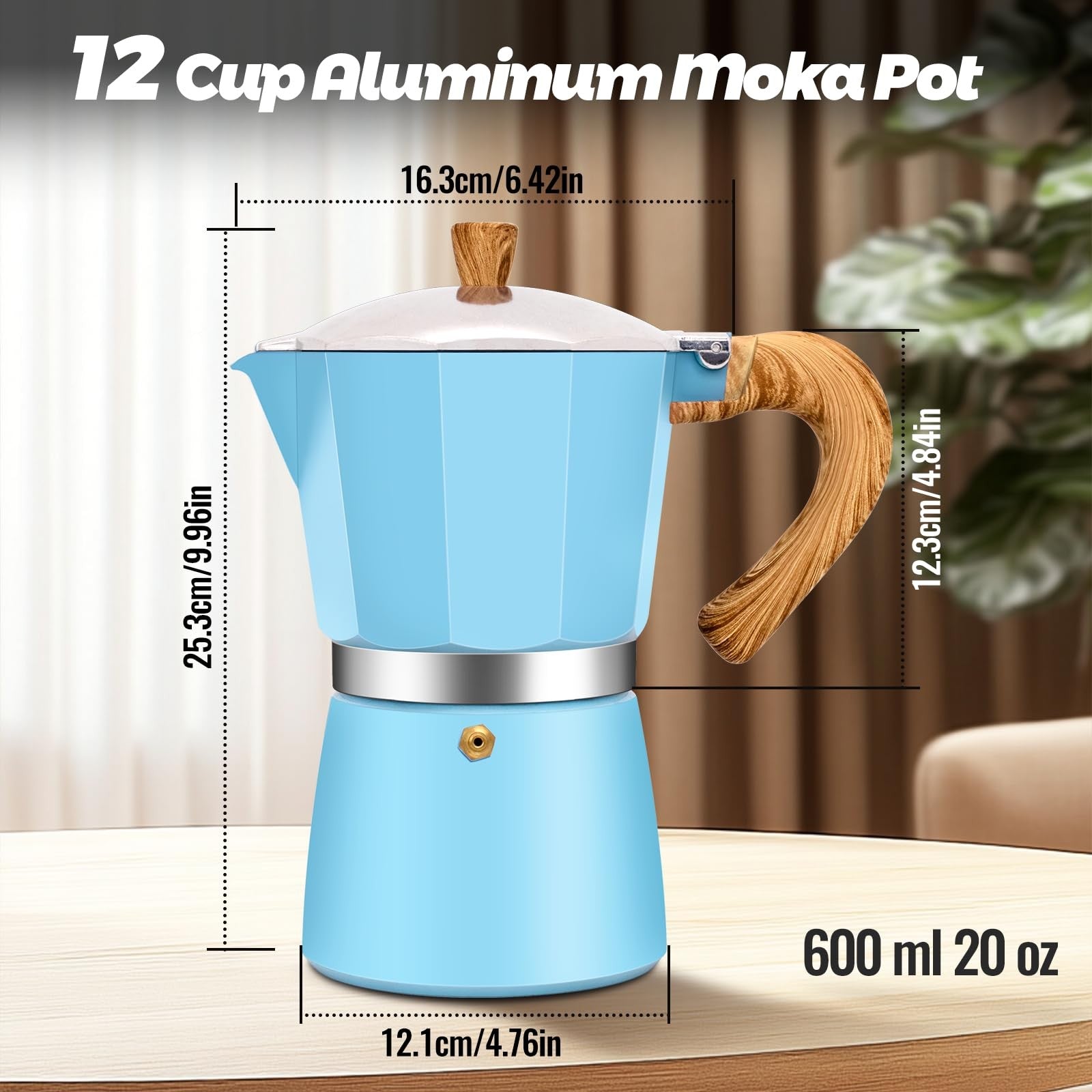 Vaolvpant 12-cup aluminum moka pot for stovetop espresso brewing, featuring a classic design and 600ml capacity.