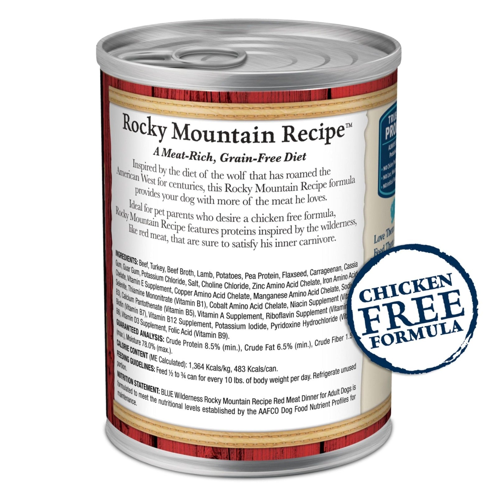 Blue Buffalo Wilderness adult wet dog food in red meat paté, grain-free, 12-pack, shown in cans with beef and natural ingredients.