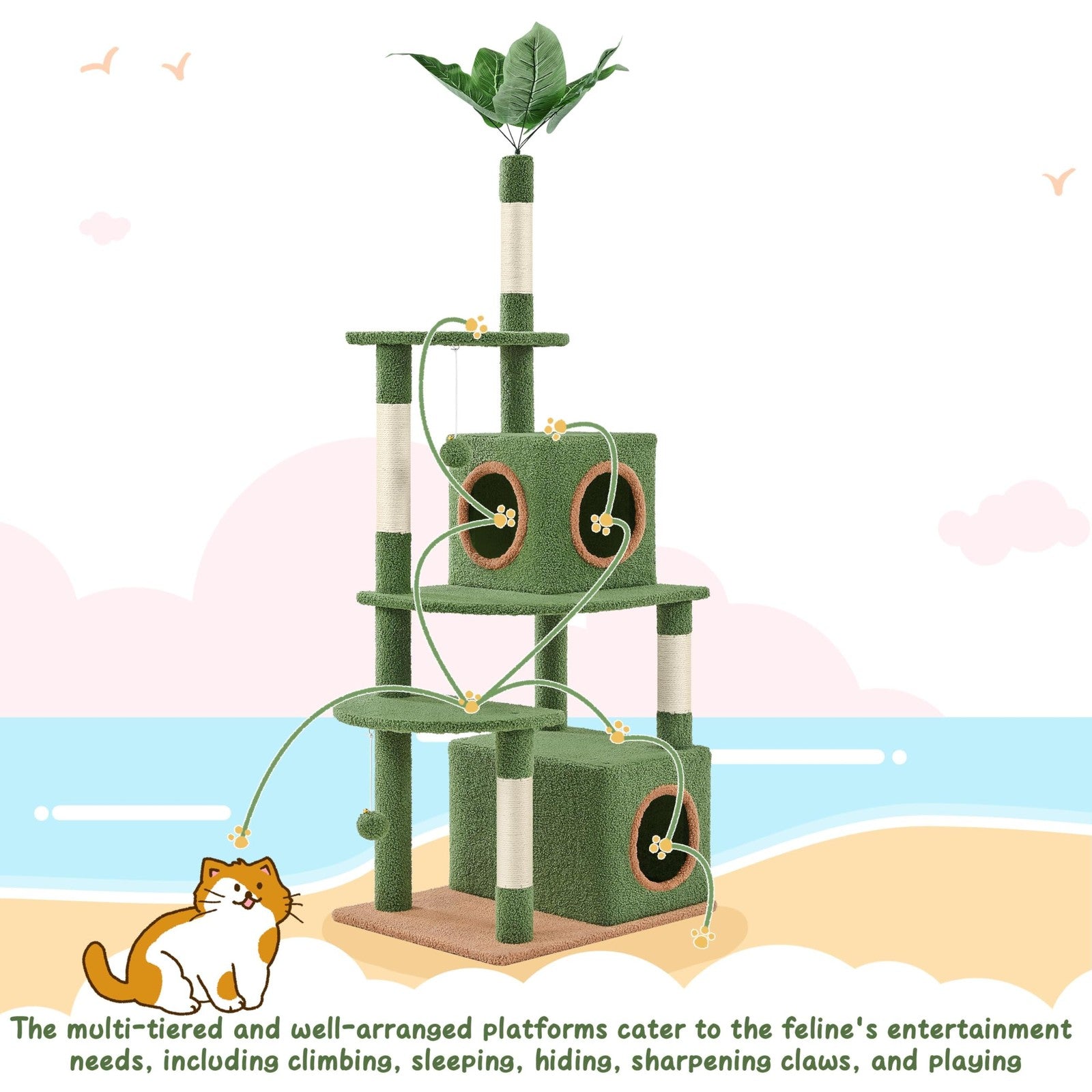 Yaheetech 59-inch green cactus and palm leaf cat tree with double-level condo and spacious platforms for cats.