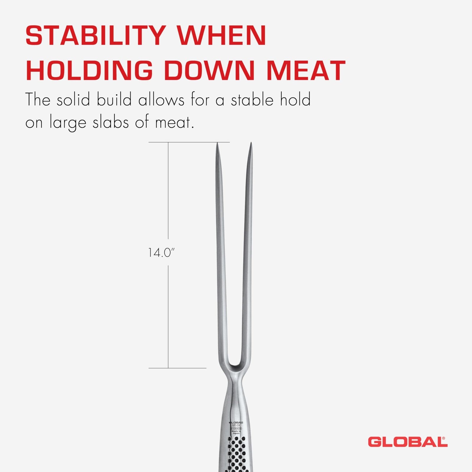 Global 7-inch forged carving fork made of lightweight Japanese stainless steel, designed for precise meat carving.