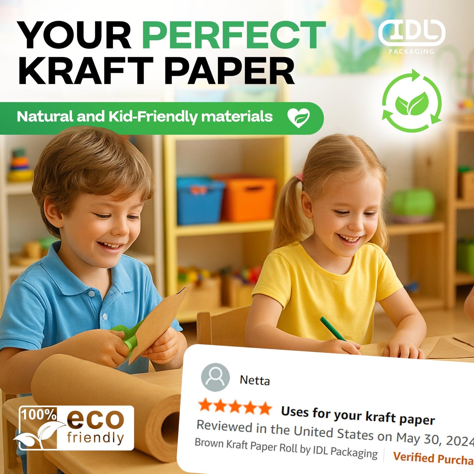 IDL Packaging 4-pack brown Kraft paper rolls, 9x2160 inches, suitable for craft gift wrapping and kids' arts projects.