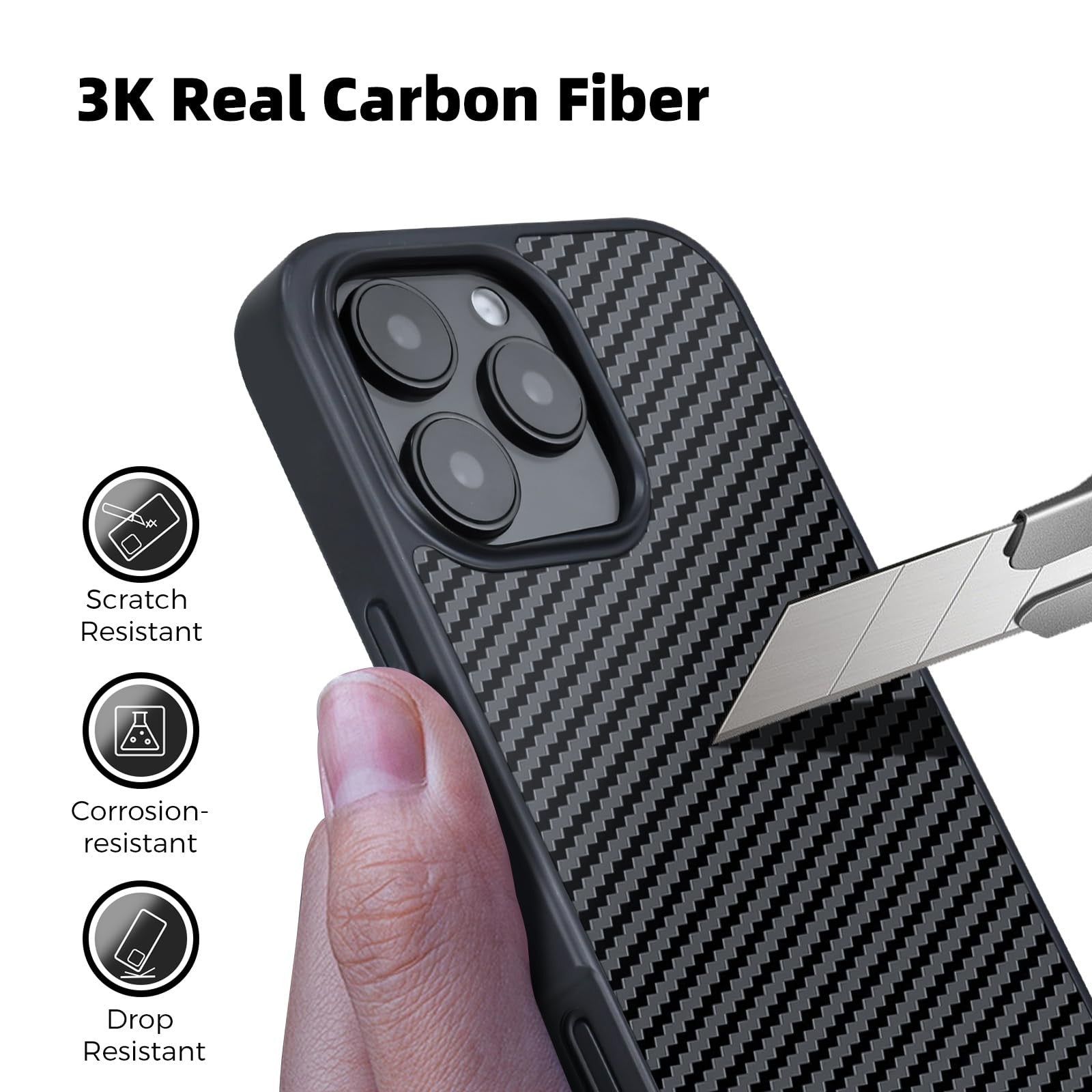 MONOCARBON iPhone 16 Pro Max carbon fiber case featuring a sleek 3K weave design and military-grade durability.