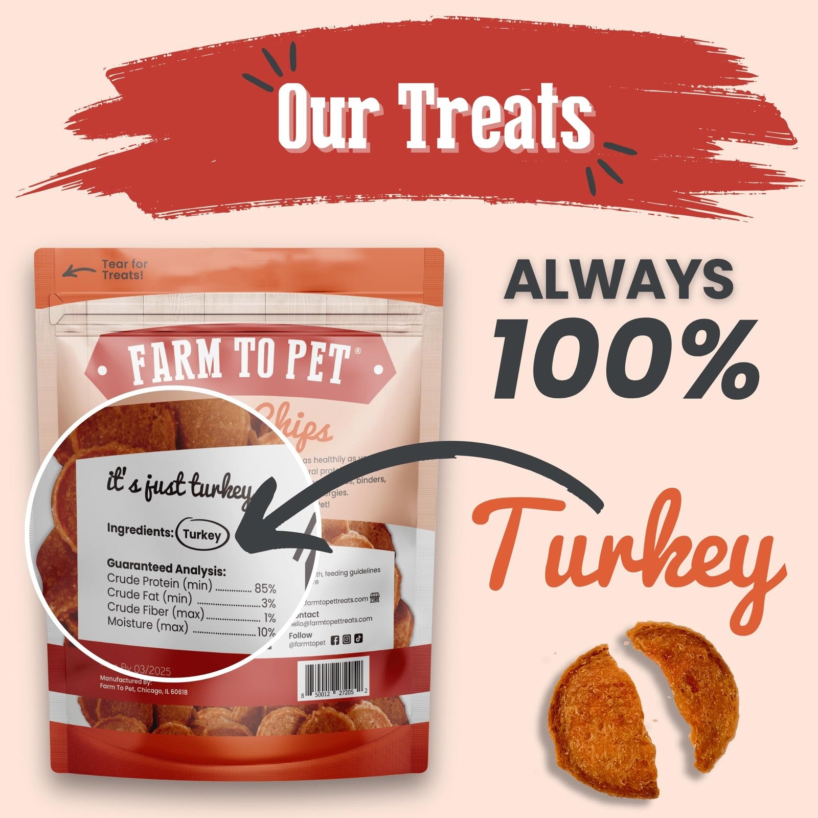 Crunchy Farm To Pet Turkey Dog Training Treats in 12 oz bag, showing healthy, natural dog treats with a farm-to-pet focus.