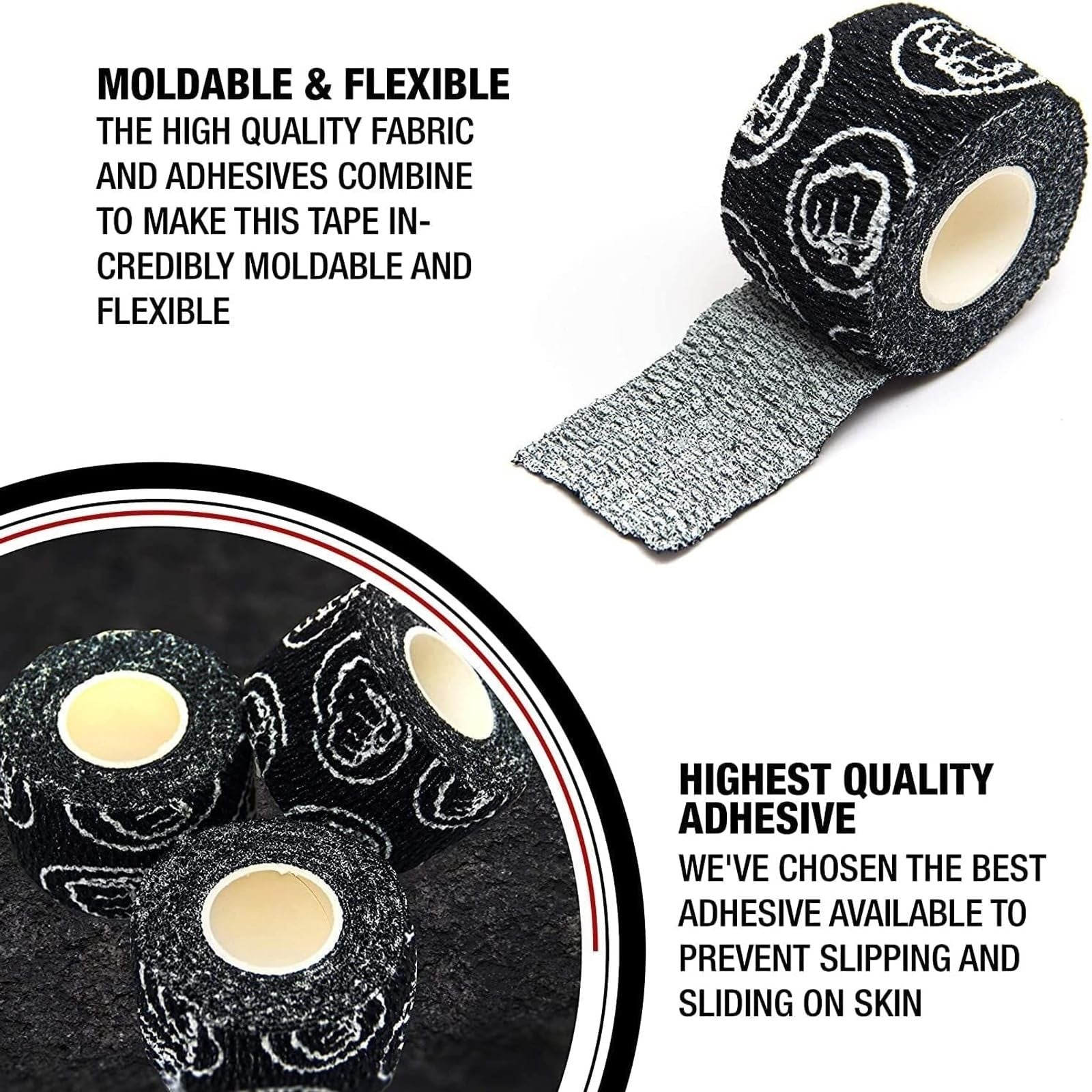 Flexible fabric Wod Nation weightlifting hook grip athletic tape wrapped around a thumb and fingers for secure grip support.
