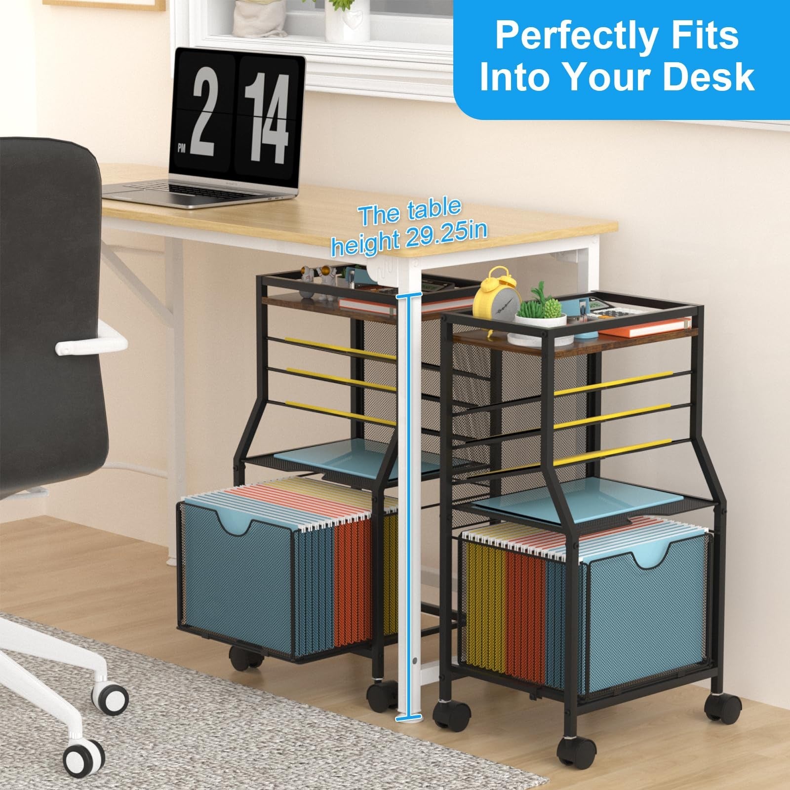 BOHDK 6-tier rolling file cart with lockable wheels, brown wood finish, ideal for desk organization and storage.