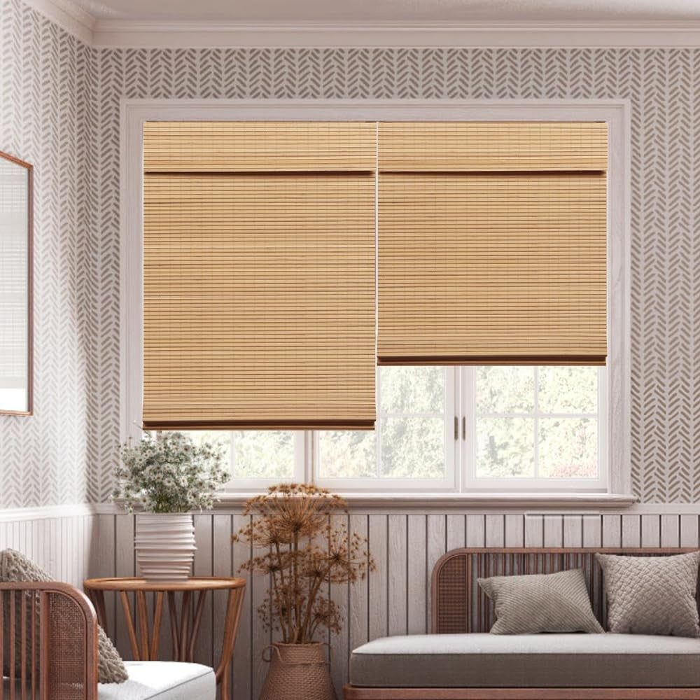 LUCKUP cordless bamboo Roman blinds shade in black, designed for indoor windows, providing blackout room darkening and natural light control