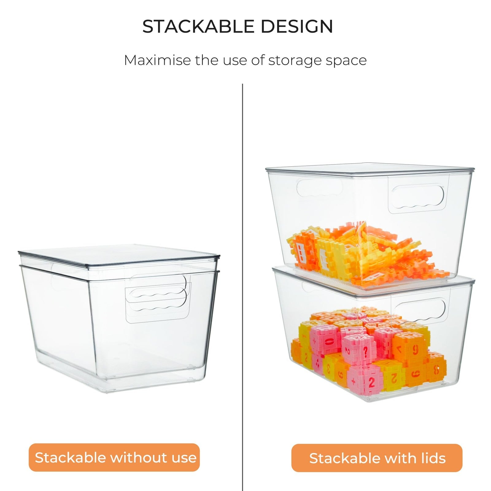 Clear Rolheit stackable plastic storage bins with lids, ideal for organizing kids' toys and toy collections.
