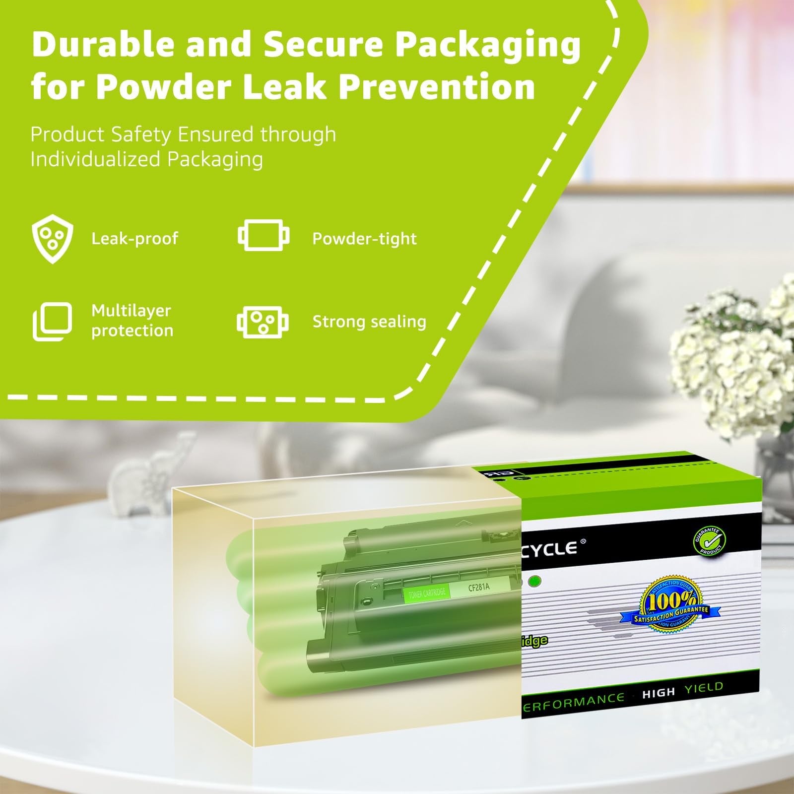Greencycle HP 81A CF281A compatible toner cartridge for laser printers, shown in black with packaging.