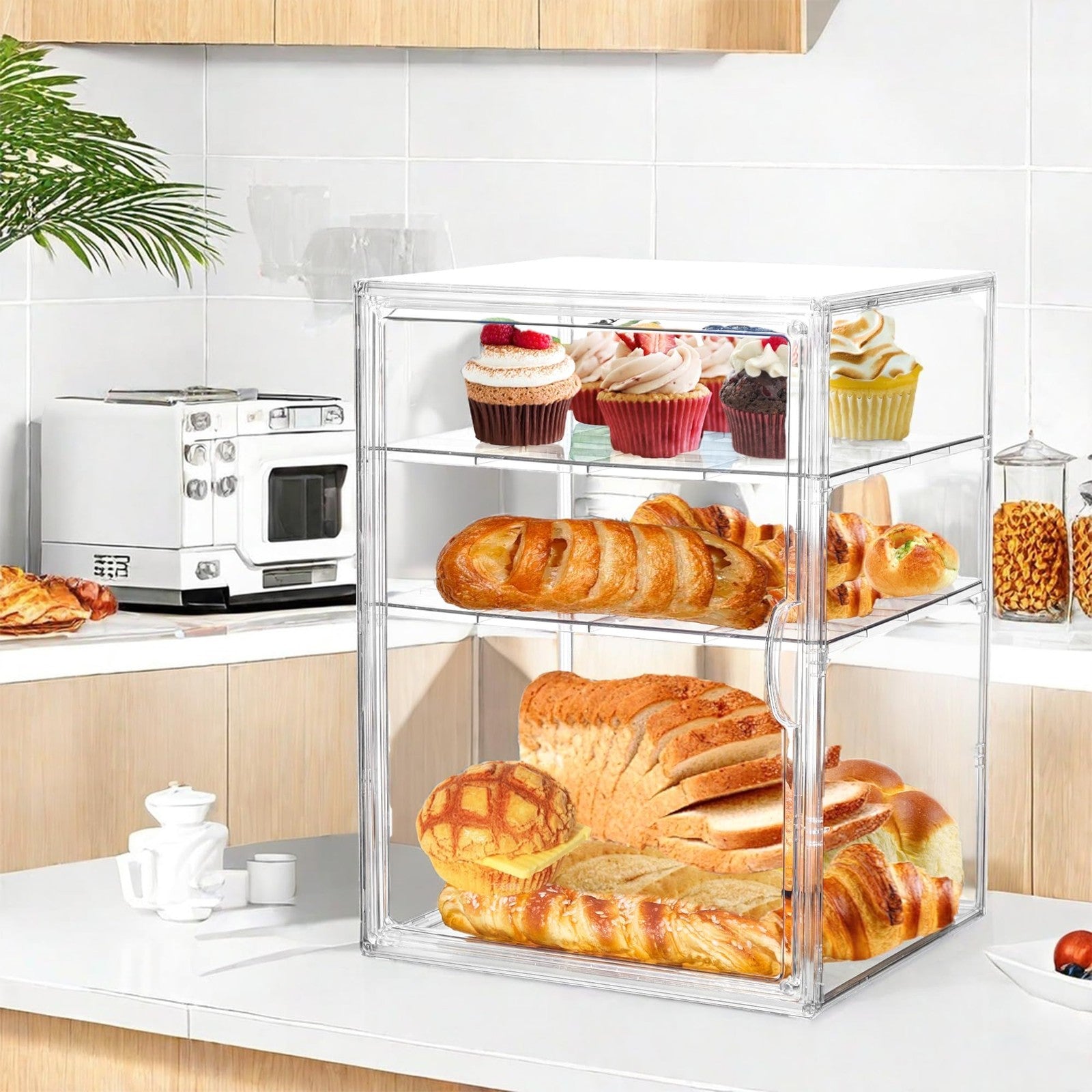 Attelite 4-layer adjustable clear pastry display case with glass sides for bread, ideal for kitchen or bakery presentation.