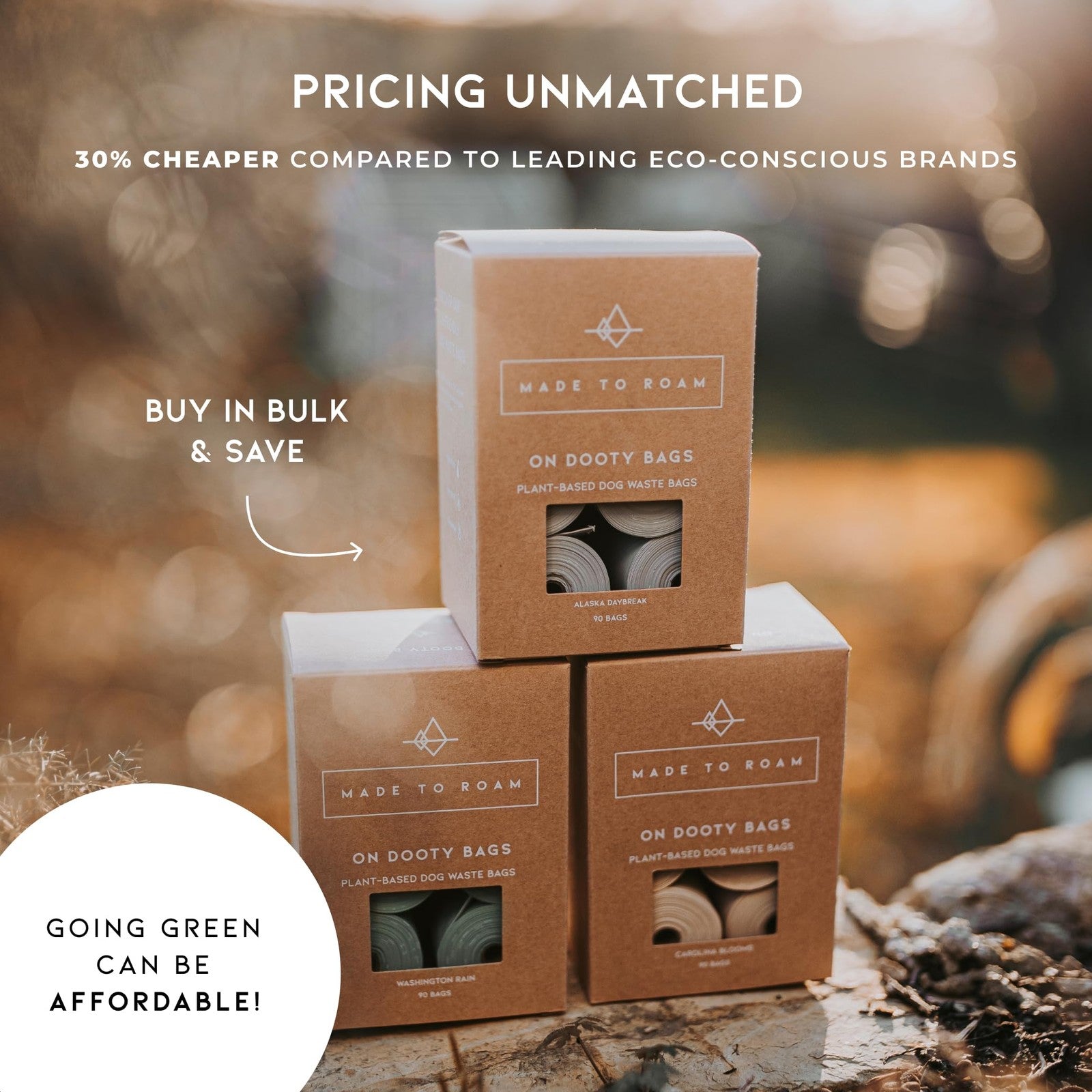 Made to Roam plant-based dog poop bag rolls, extra thick and leak-proof, shown in a roll with dog waste bags ready for use.