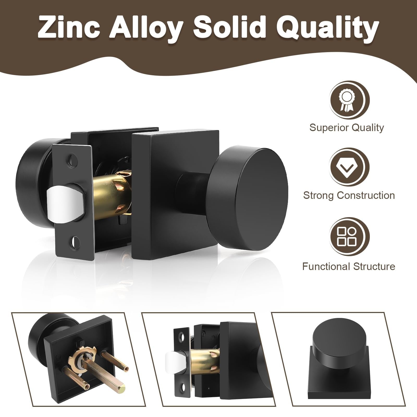 Probrico black interior door knob for closet or hallway, keyless design with no lock, mounted on a door with a round handle.