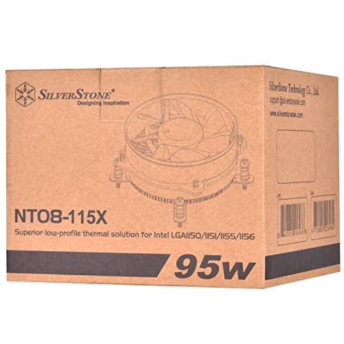 SilverStone SST-NT08-115X-V2 low profile CPU cooler with silver heatsink and fan for LGA 115X sockets, suitable for 95W TDP.