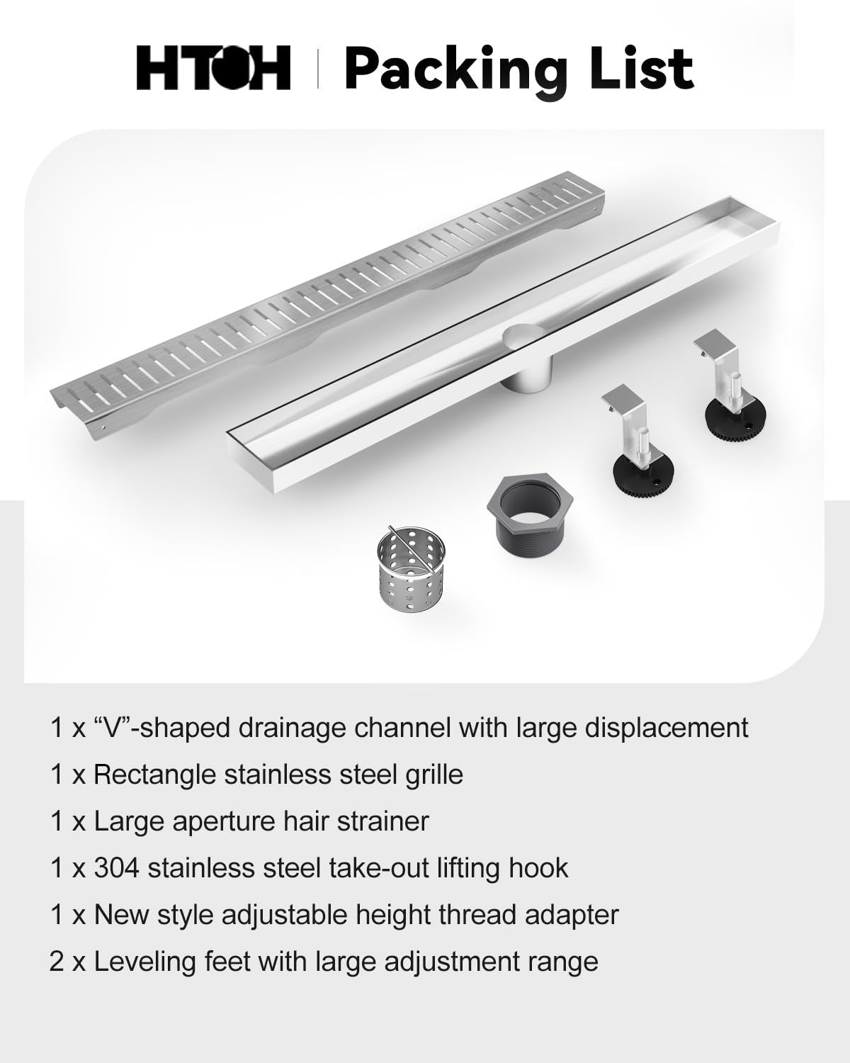 HTOH stainless steel 18-inch brushed nickel linear bathroom floor drain with sleek, modern design for shower drainage.