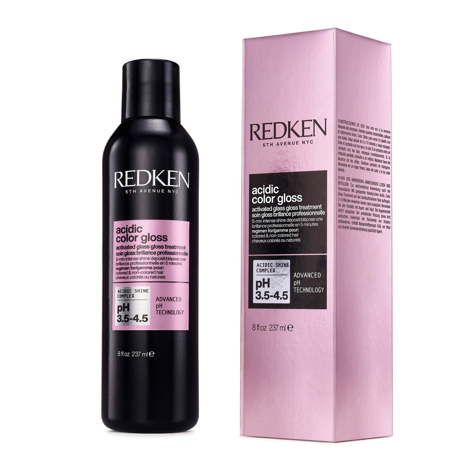 Redken Acidic Color Gloss glass treatment for color-treated hair, showing the product bottle with a sleek design and red accents.