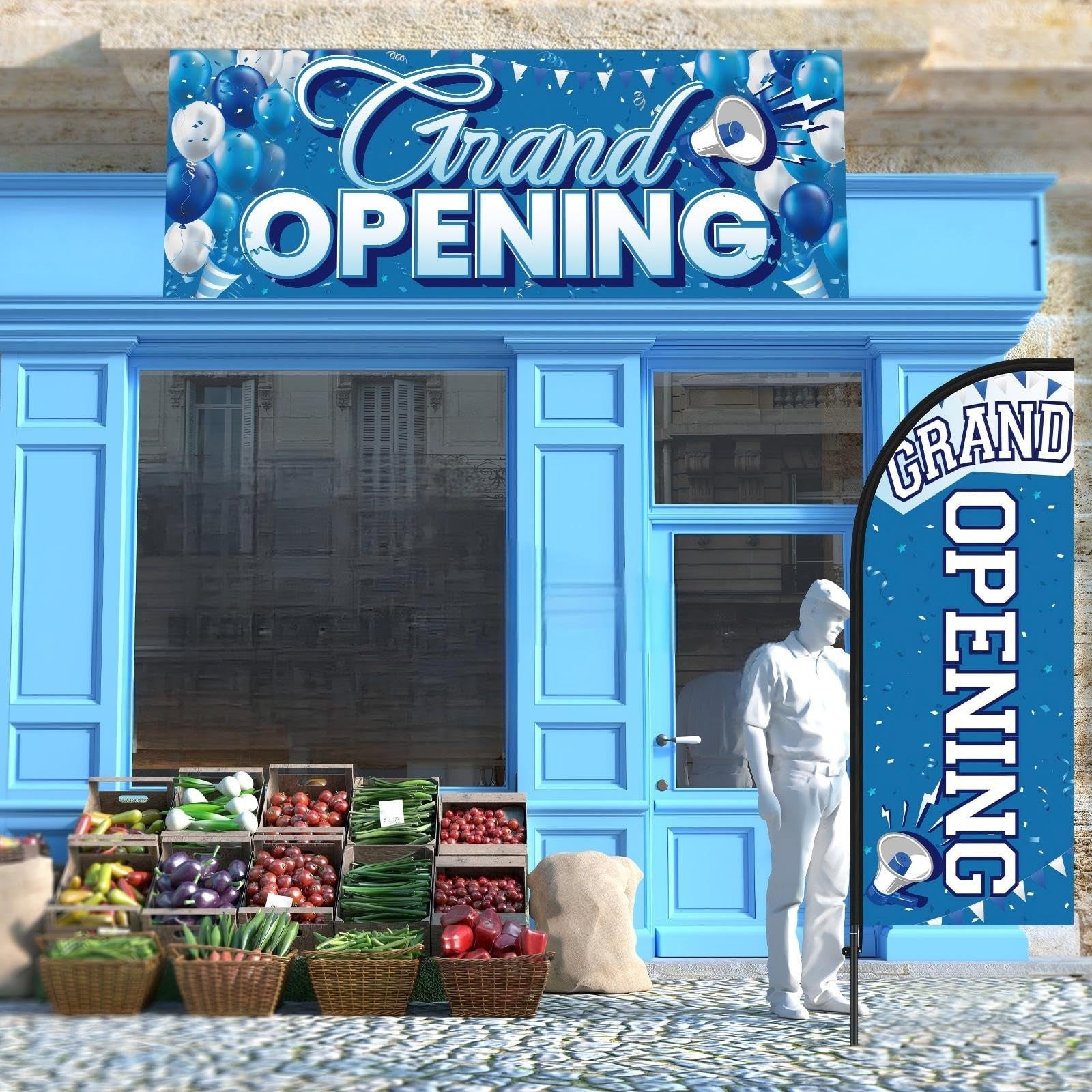 Fanfanwin 7 ft blue and white grand opening feather flag for business promotion, fluttering outdoors for event visibility