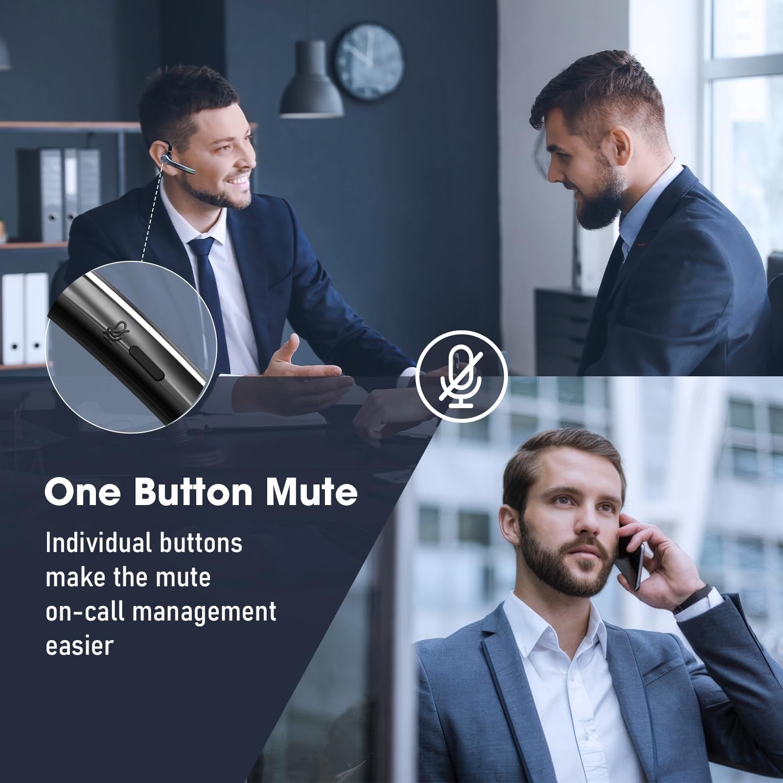 Ngod Bluetooth wireless headset with noise-canceling microphone and 500mAh battery, shown with ergonomic earpiece and controls.