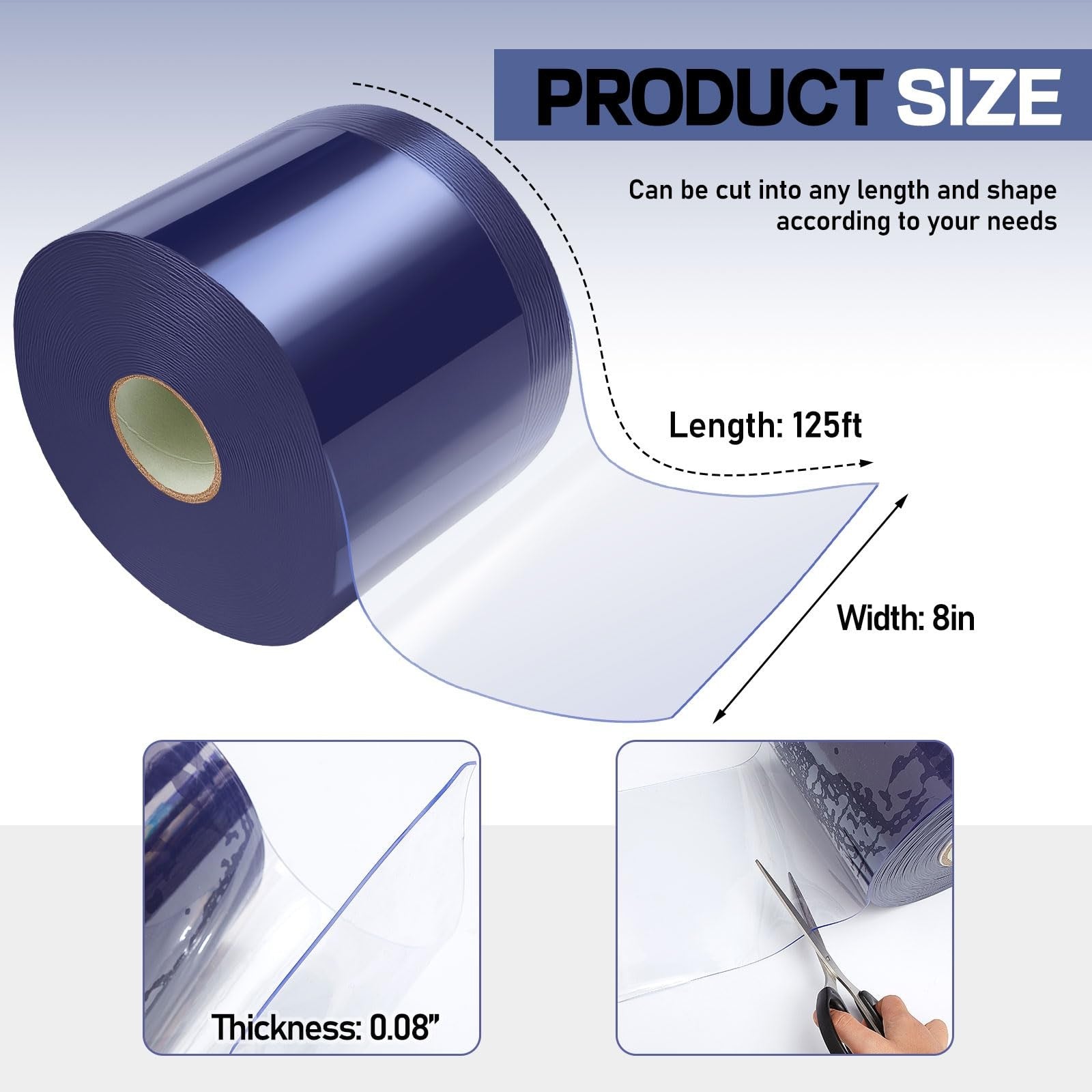 Clear PVC curtain roll by Moukeren, 125 ft x 8 in, featuring plastic curtain strips ideal for industrial or commercial use.