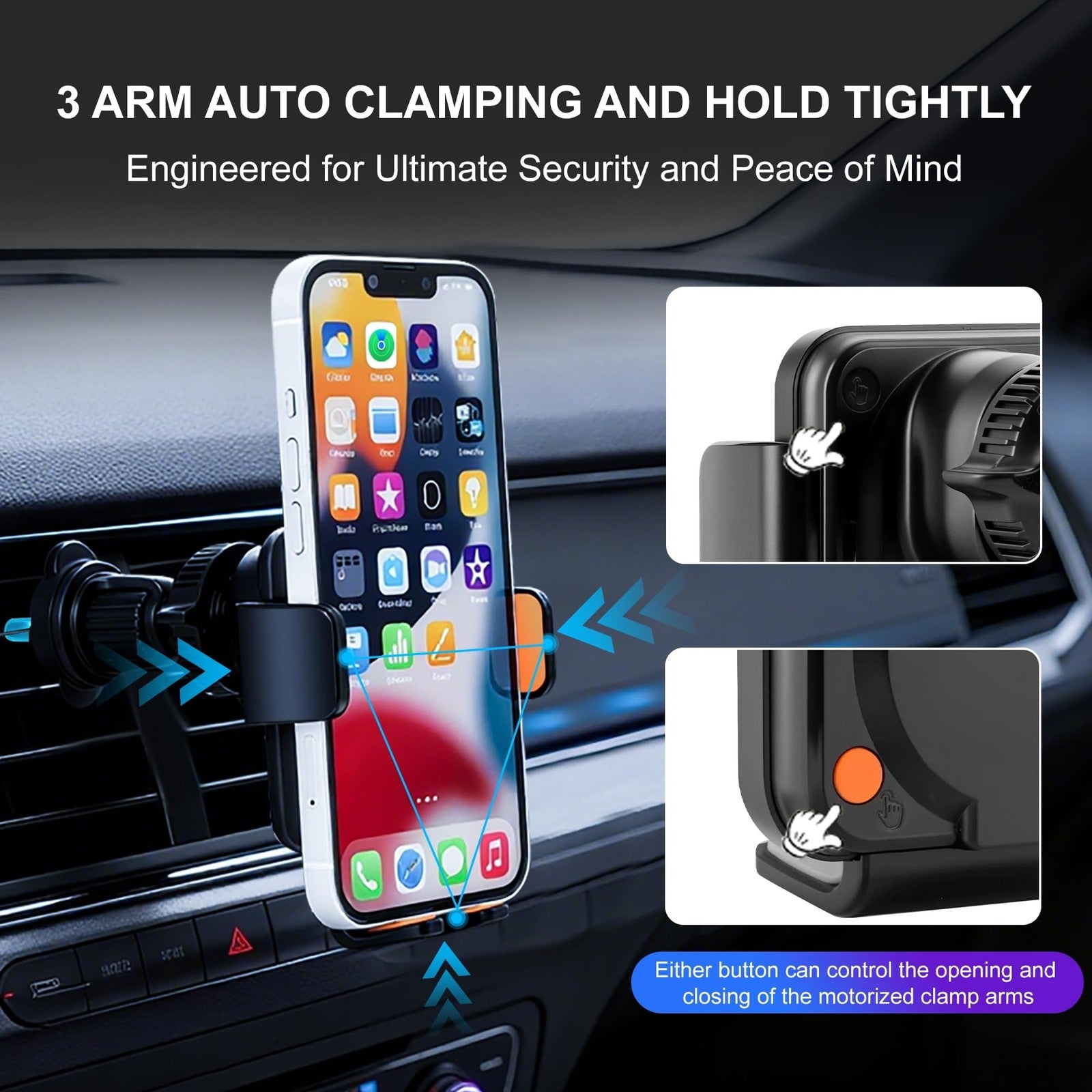Gudluky 15W fast wireless car charger with built-in GPS air tracker tag for iOS devices, shown mounted in a vehicle dashboard.