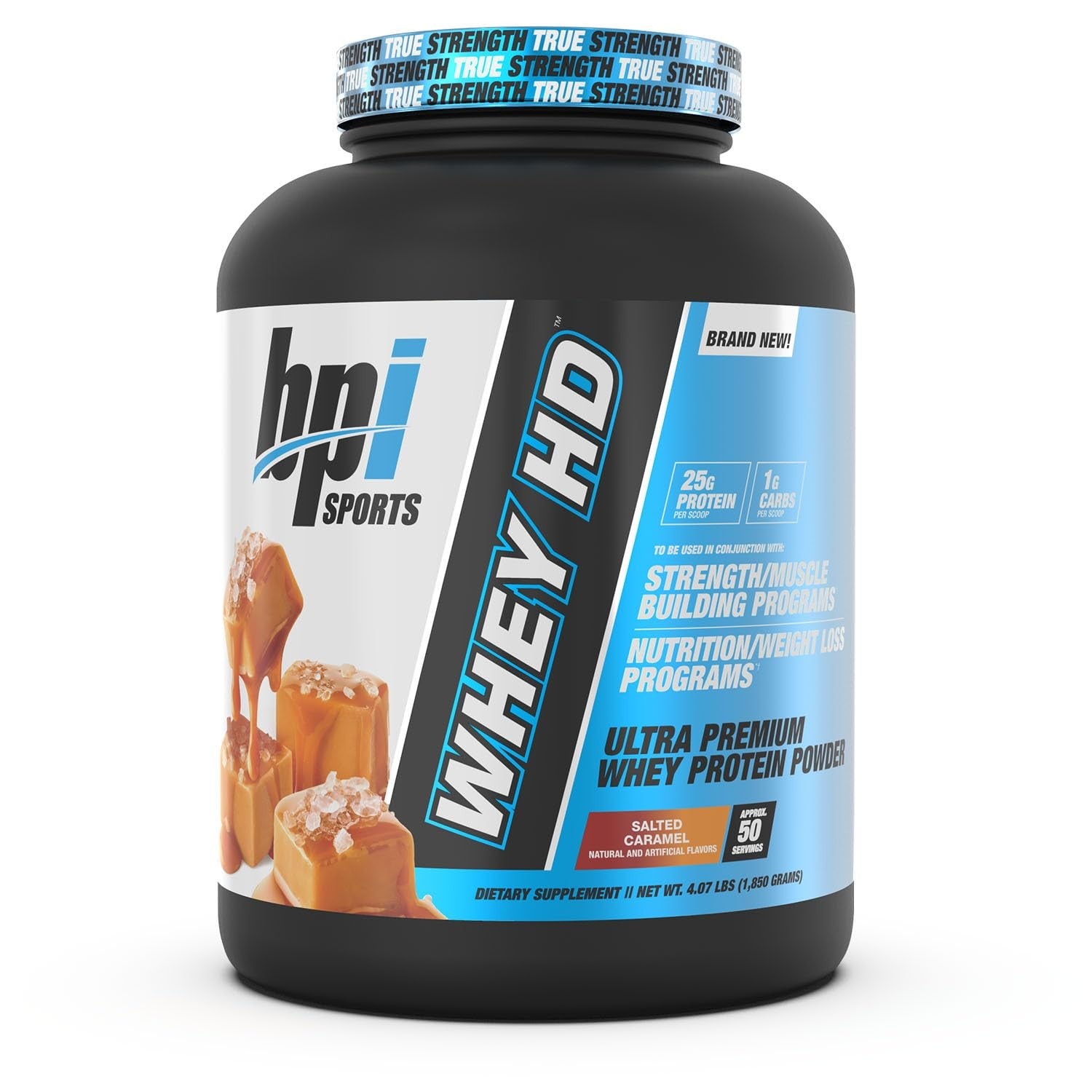 BPI Sports Whey HD Ultra Premium Protein Powder in Salted Caramel flavor, 4.1lb container with scoop and label visible