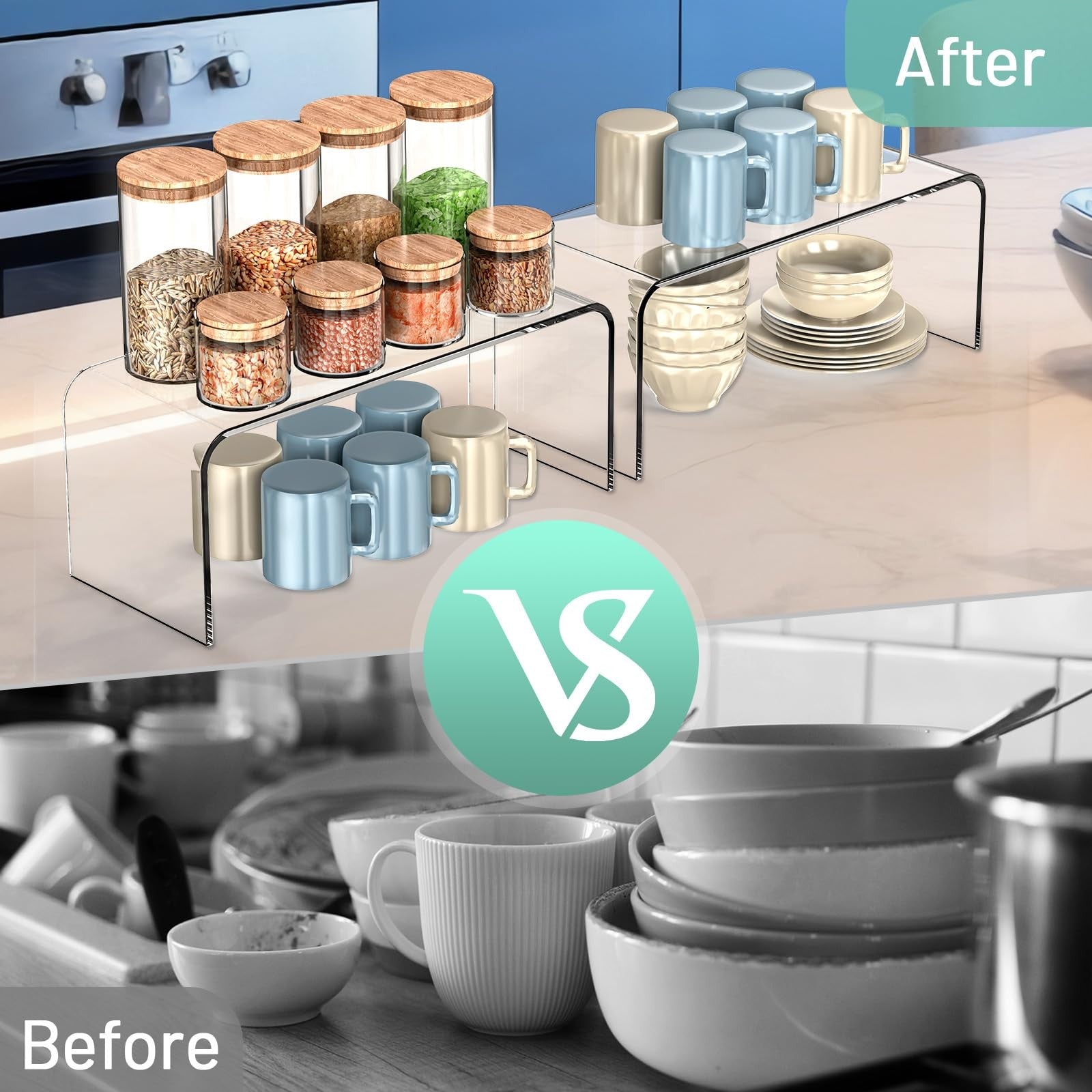 HTRYBNES clear cabinet shelf organizers with two spice rack shelf risers for kitchen storage and organization.