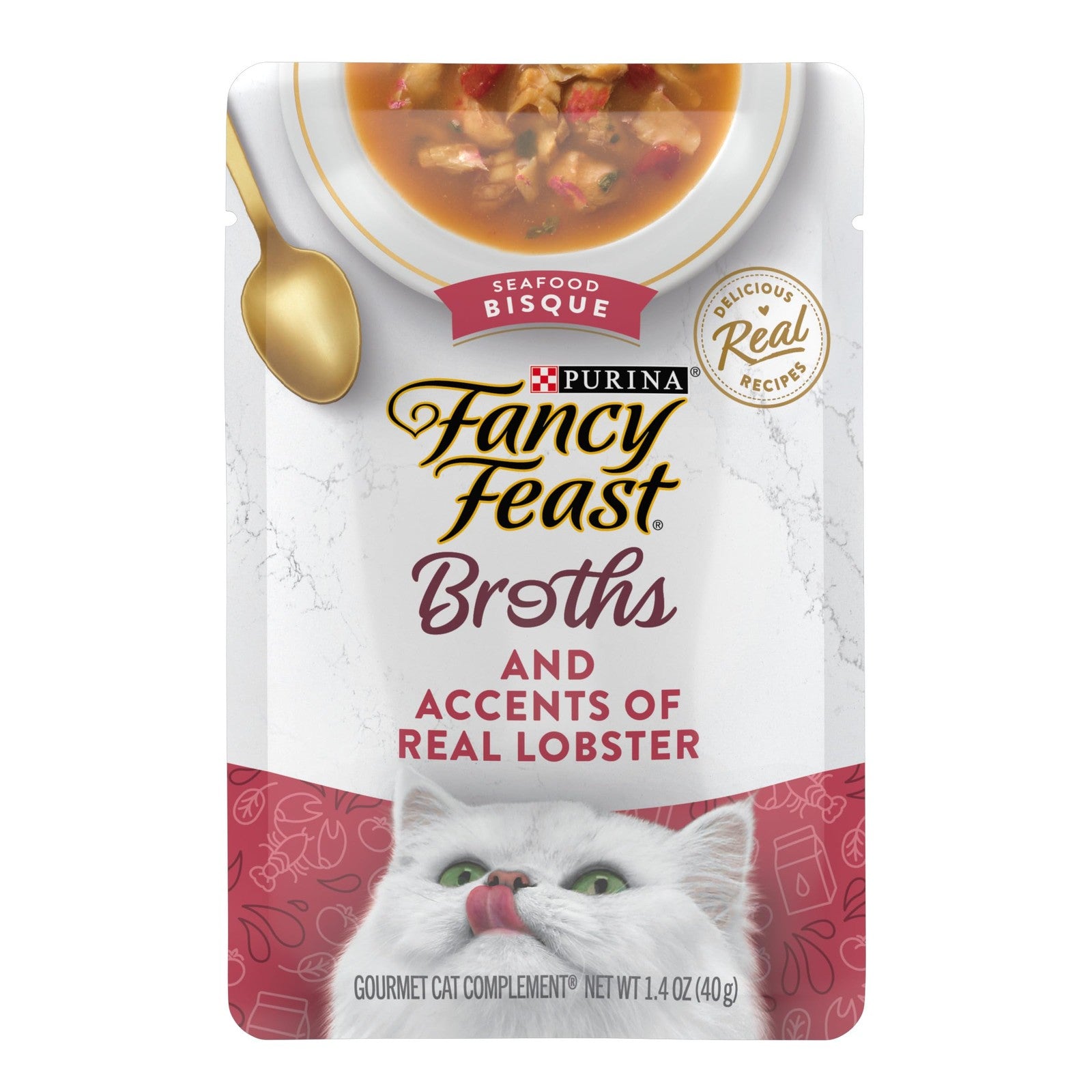 Fancy Feast seafood bisque and lobster wet cat food topper in 1.4 oz package, featuring rich seafood flavors and appealing presentation.