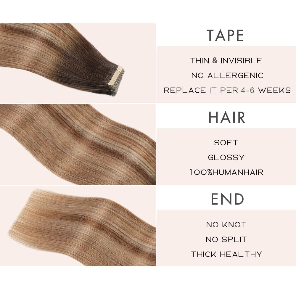 OBHD tape-in hair extensions in chestnut brown to light blonde mix, showing smooth, straight human hair extensions with tape-in application