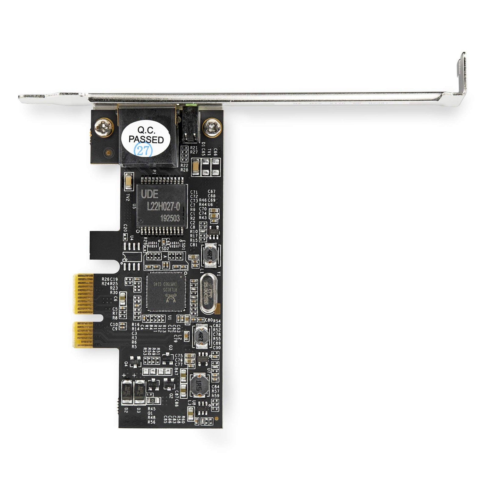 StarTech.com 1 Port PCIe Network Card with 2.5Gbps Ethernet port and PCIe interface, showing the compact card with ports and components.