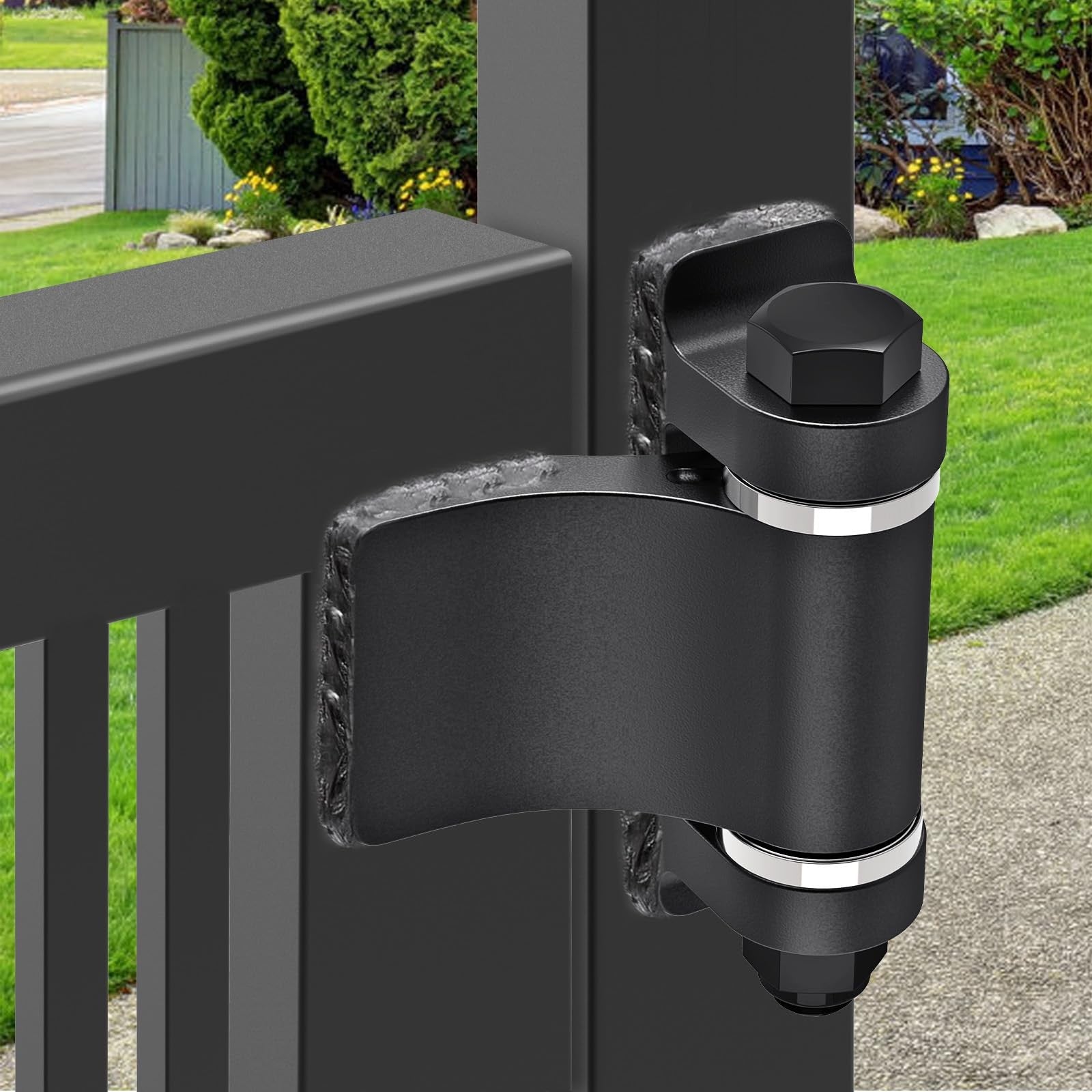 Lifeswell heavy duty weld-on gate hinges set with steel hinges, spacer bearings, and oxidized finish for durable outdoor gates.