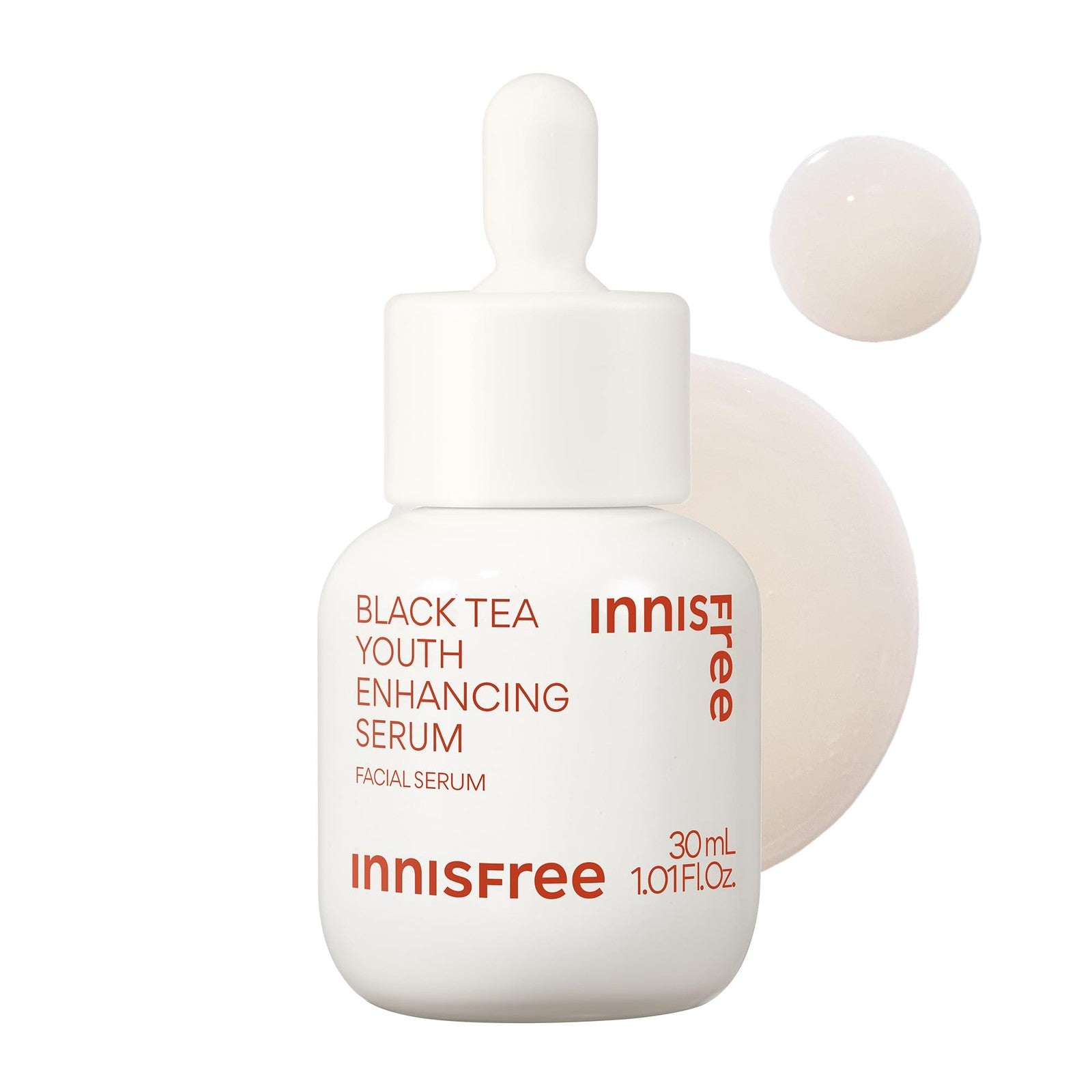 innisfree Black Tea Youth Serum bottle with pump dispenser, Korean anti-aging treatment with niacinamide for youthful skin.