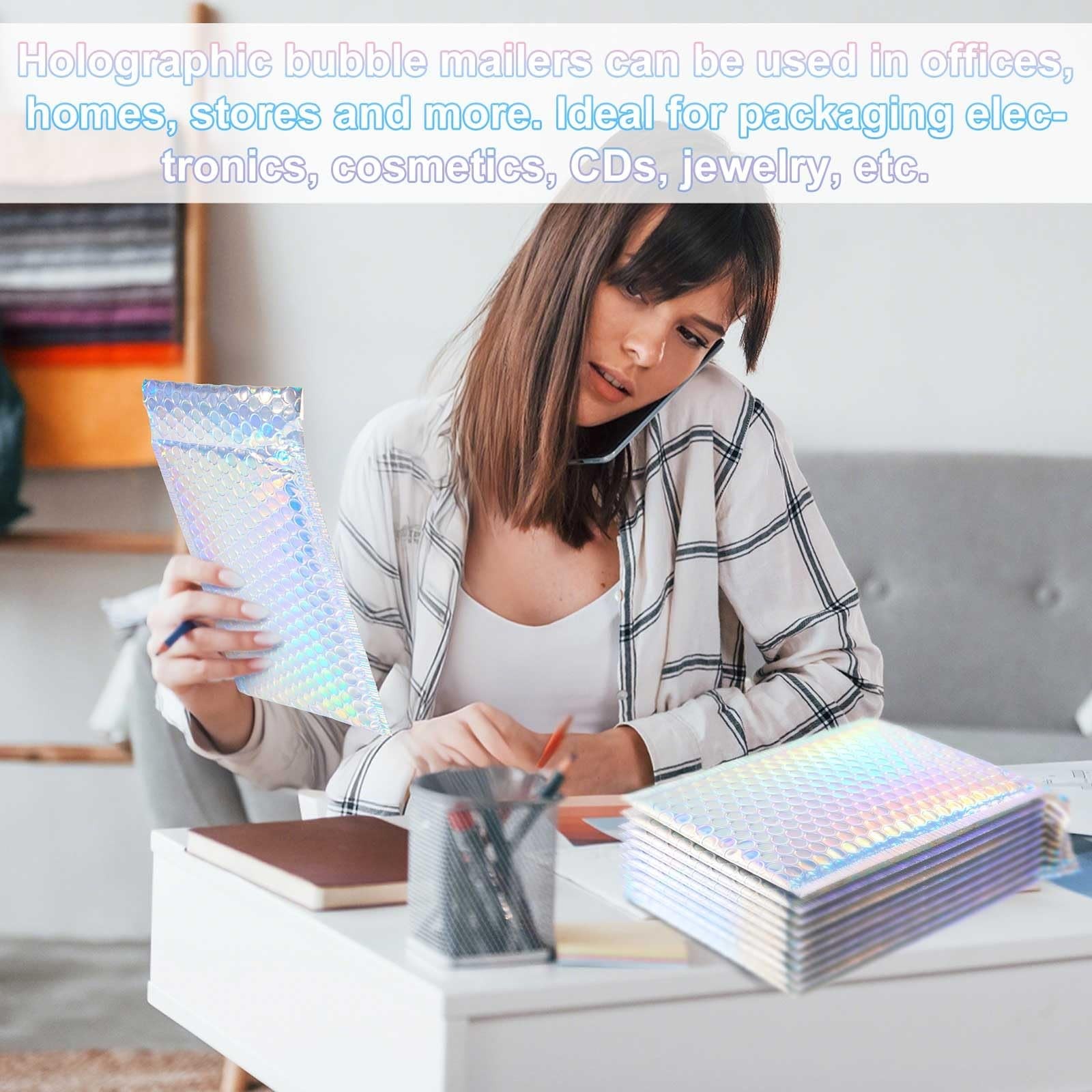 Henoyso holographic metallic bubble mailers, 8 x 11.5 inch, 60-pack, with transparent bubble lining and self-sealing flap.