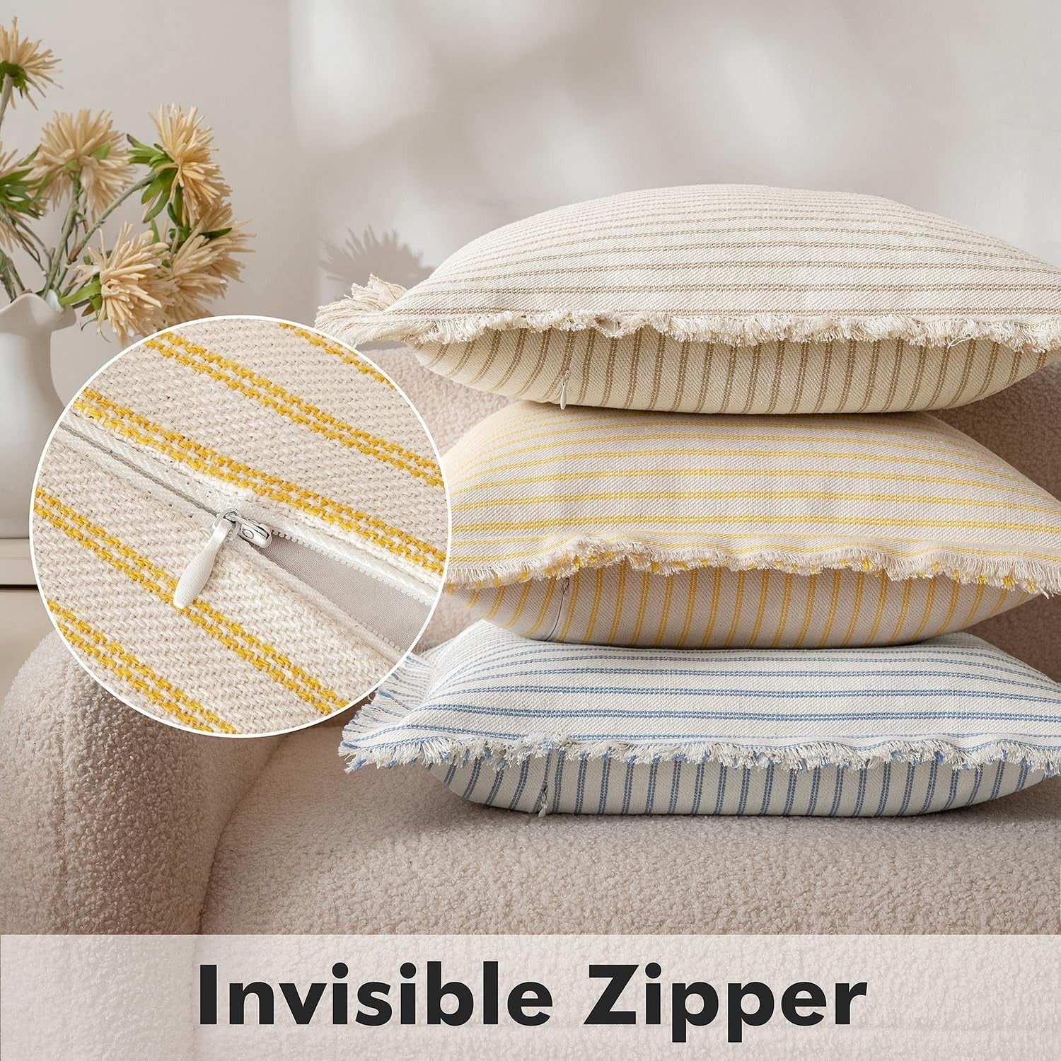 Pack of 2 yellow MIULEE pillow covers with white stripes, 24x24 inches, ideal for farmhouse or couch decor.