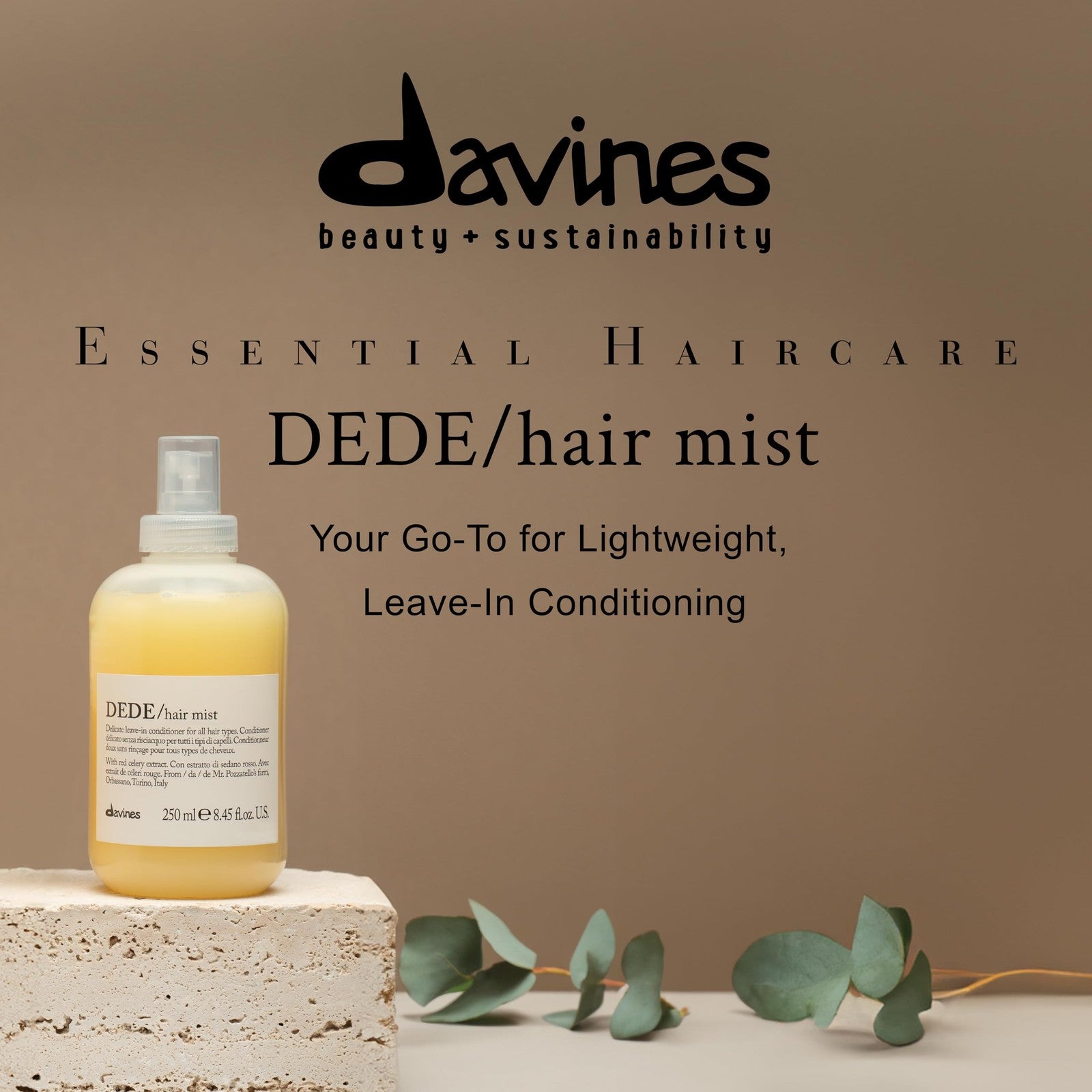 Davines DEDE Hair Mist leave-in conditioner in a spray bottle, designed to moisturize and add lightweight conditioning to hair.