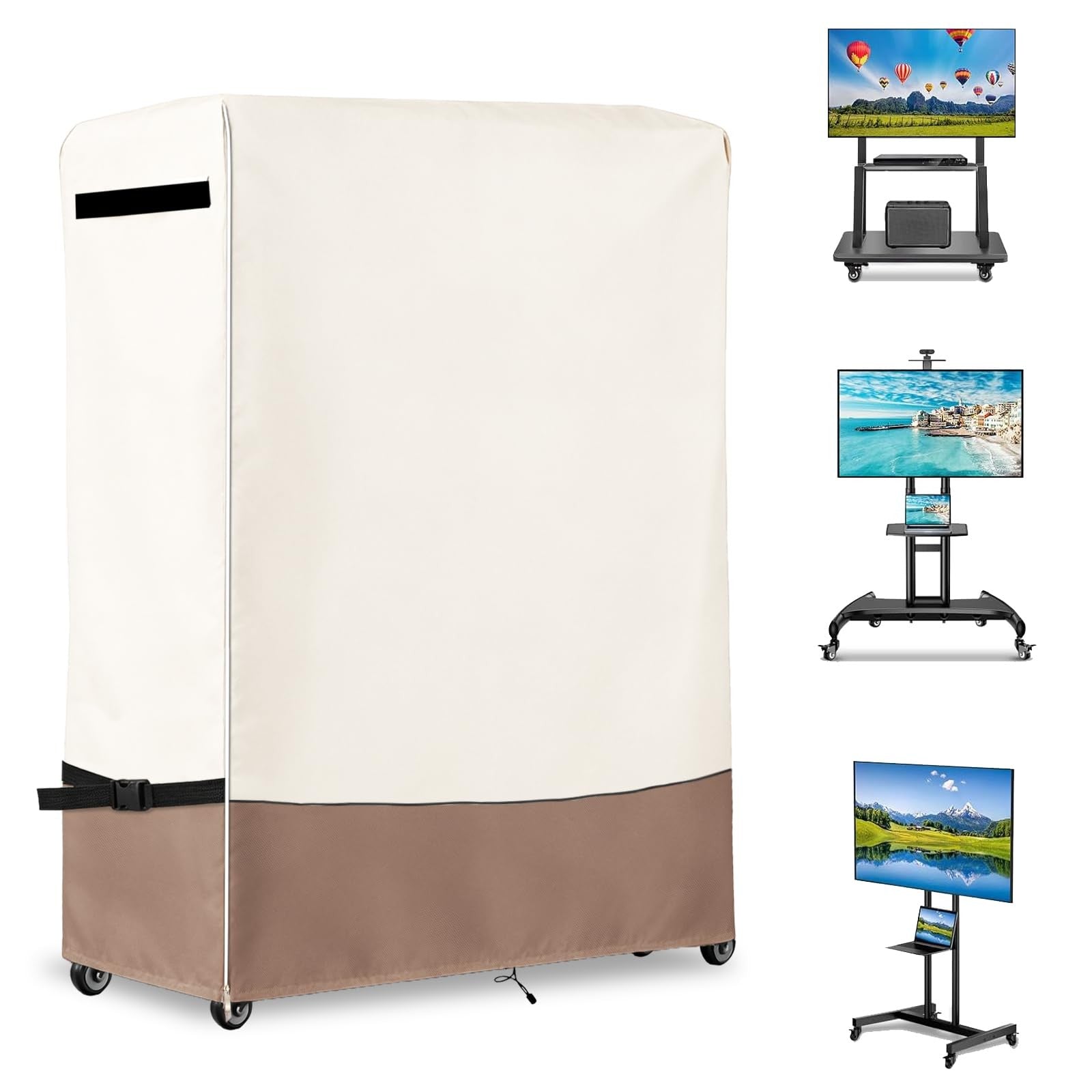 Alickwang 53-inch waterproof outdoor TV trolley cover made of heavy-duty 600D fabric, protecting a rolling TV stand outdoors.
