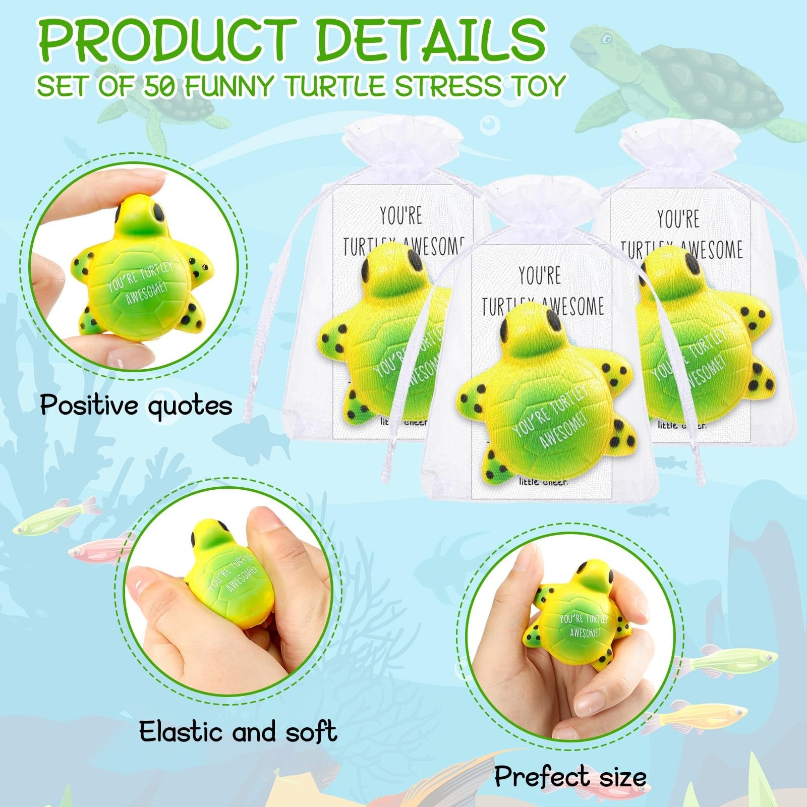 Libima 50-pack turtle stress balls for adults, featuring motivational quotes, soft rubber texture for stress relief and sensory fun.