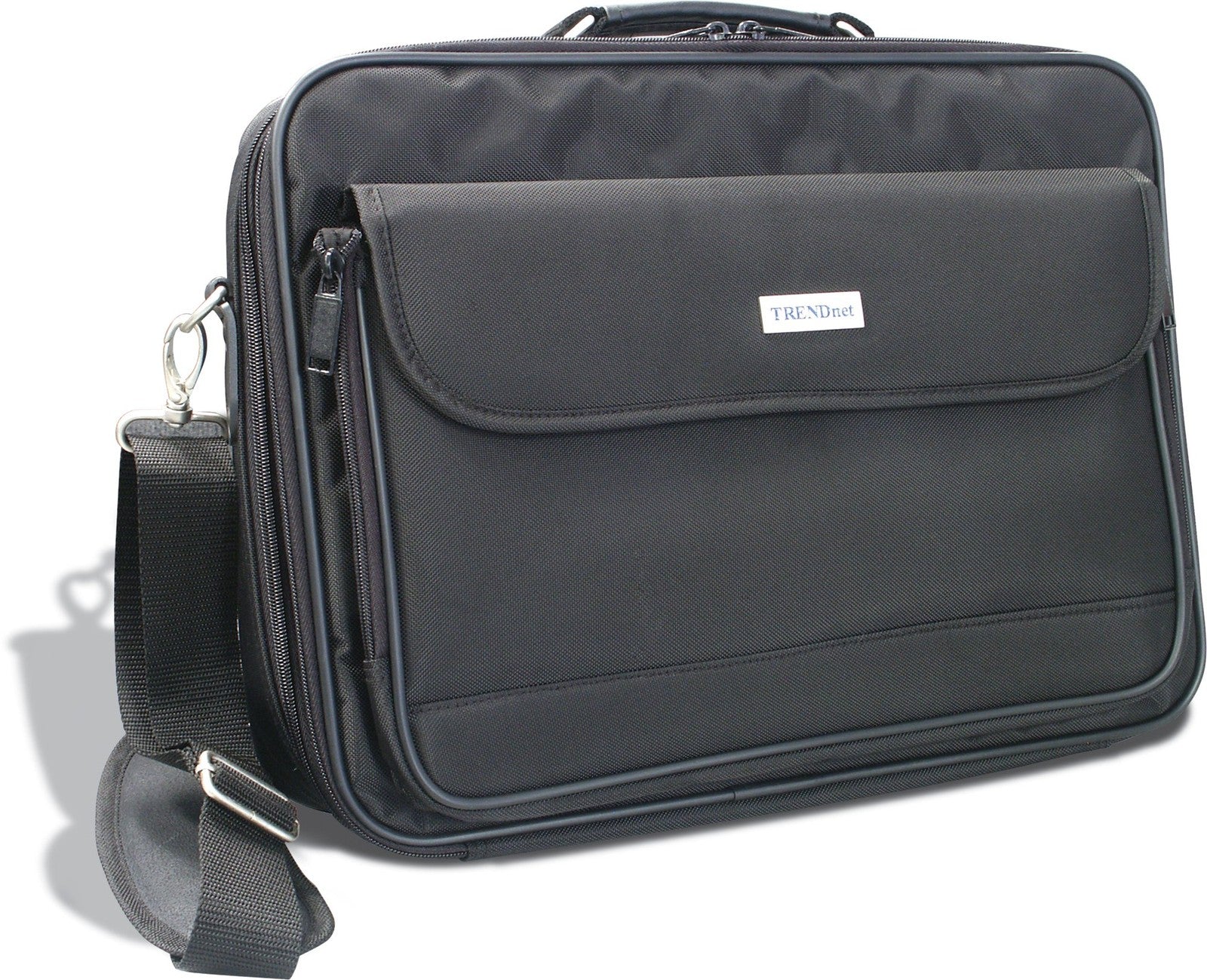 TRENDnet padded clamshell carrying case for 15.4-inch laptops, showcasing a black protective notebook sleeve with zipper closure.