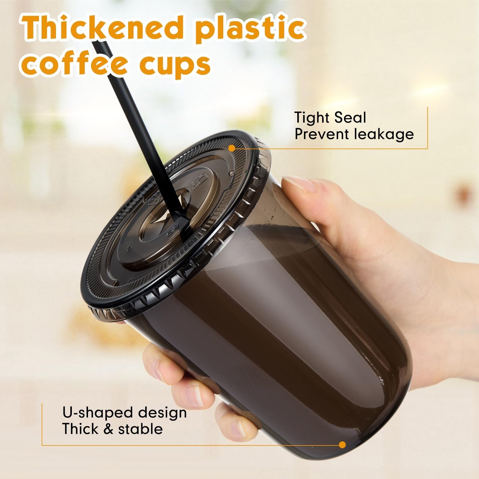 Ziliny 50-pack clear plastic cups with lids and straws, 16 oz PET disposable cups for iced beverages, stacked with lids and straws visible.