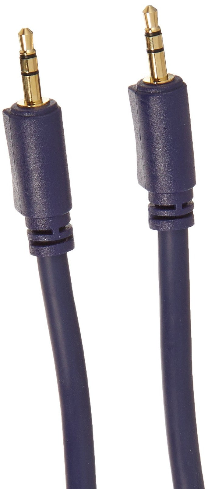 Blue C2G Velocity 3.5mm stereo audio cable, 25-foot aux cable with male connectors, shown coiled and ready for audio connection.