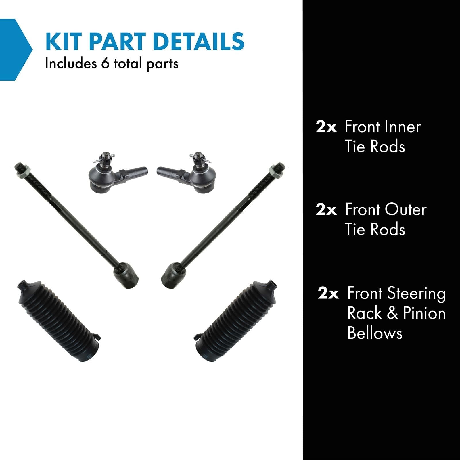TRQ front driver and passenger side steering rack pinion bellows and tie rod kit for vehicle steering system.