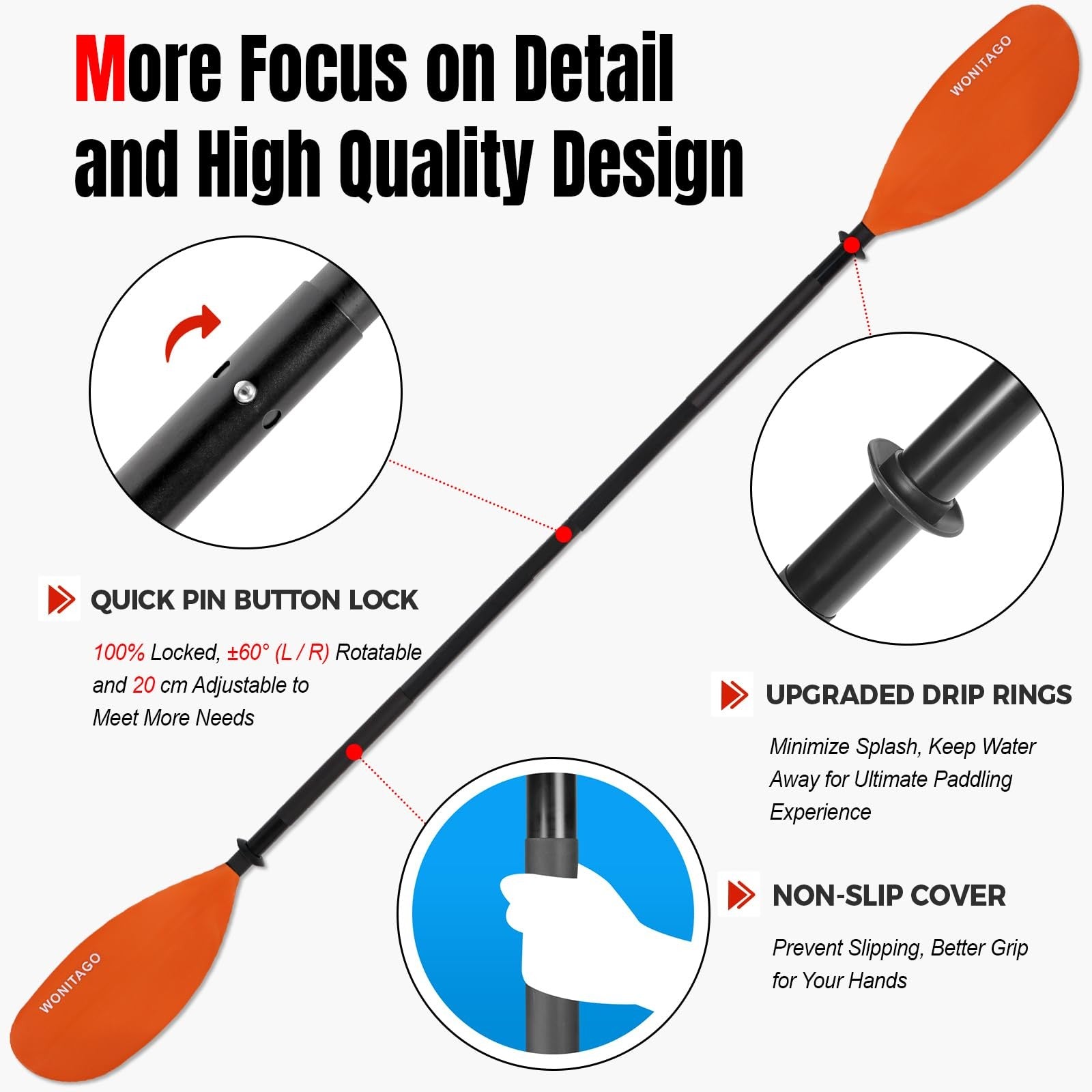 Wonitago kayak paddles with alloy shafts and PP blades, floating kayaking oars shown with detailed blade and shaft design.