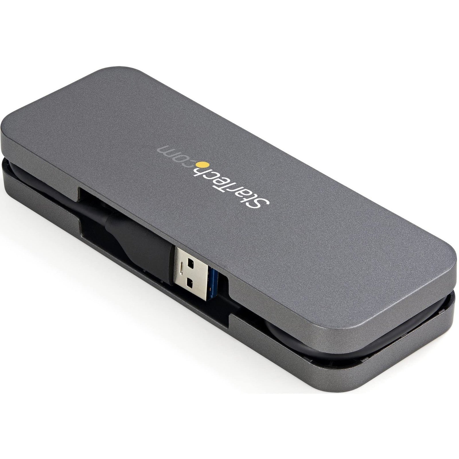 StarTech.com 4-port USB 3.0 hub with USB-A ports, compact design, supporting SuperSpeed 5Gbps data transfer, portable device