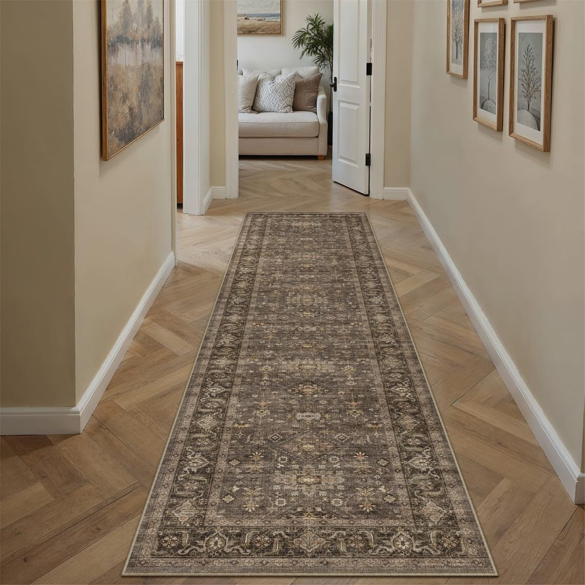 WondRg 2x12 vintage brown washable hallway and kitchen runner rug with non-slip low pile, showcasing its textured fabric and non-slip backing.