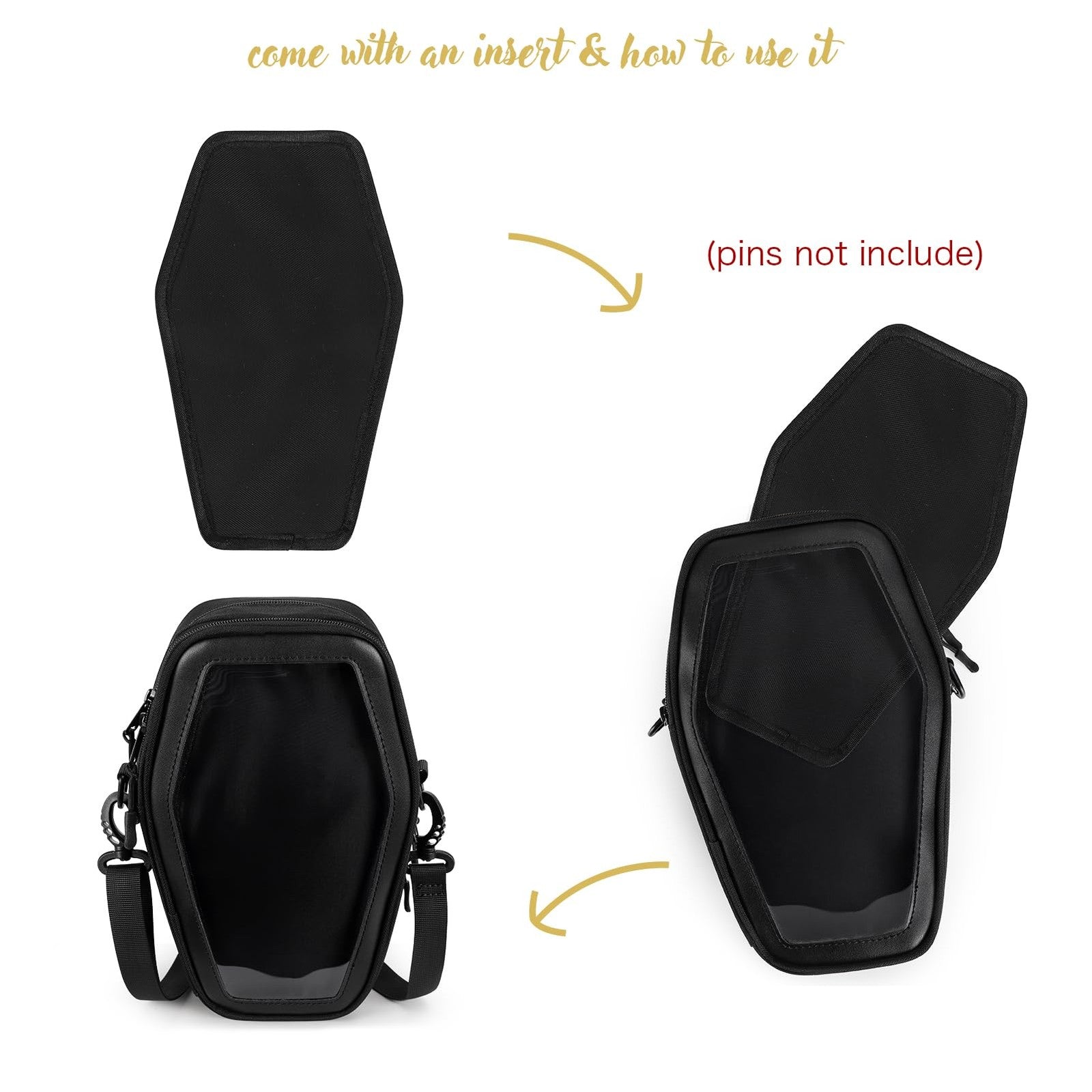 STEAMEDBUN Gothic coffin-shaped Ita bag with crossbody strap and display window, perfect for Halloween costume and gothic fashion.