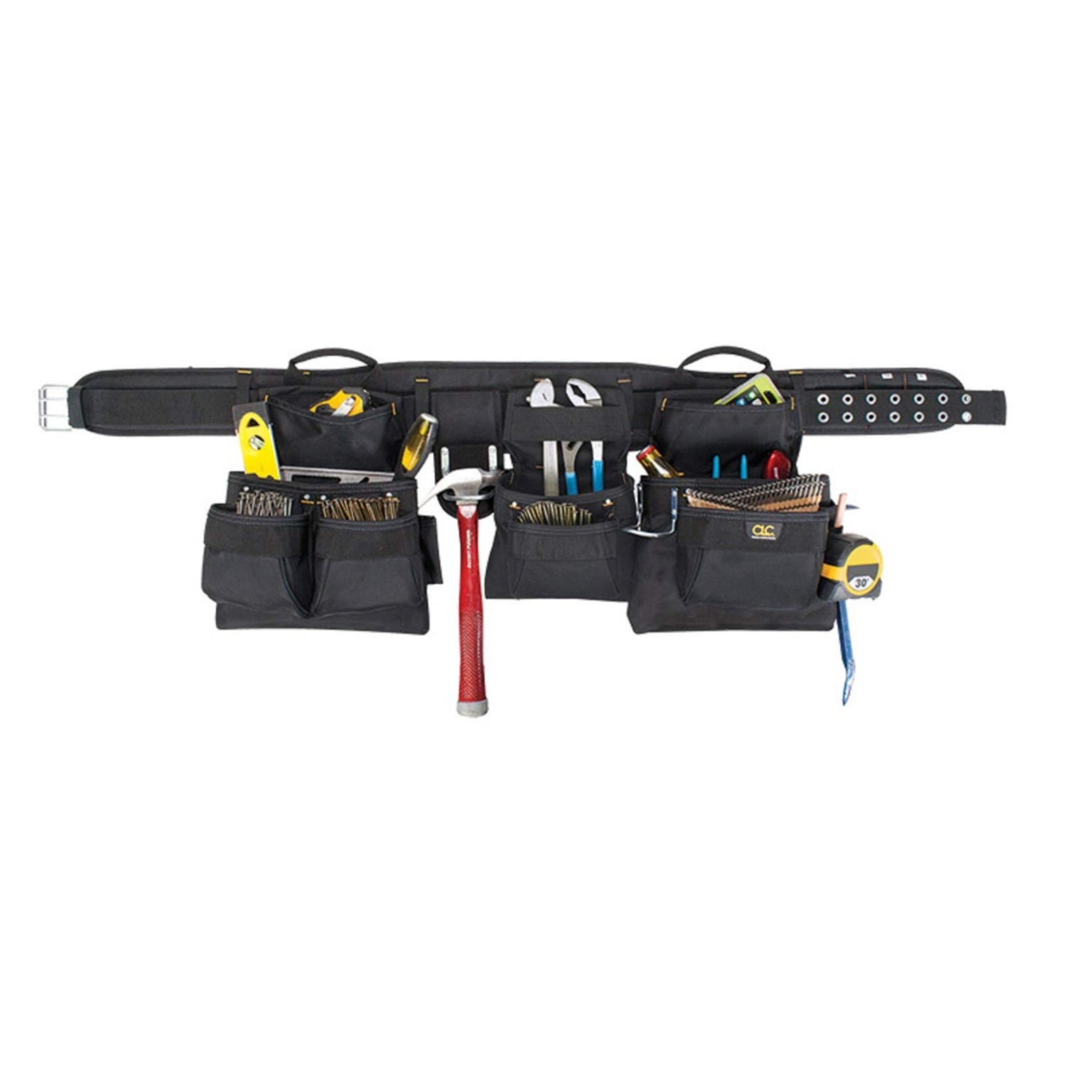 Black CLC Custom Leathercraft 5605XL professional carpenter's tool bag with 18 pockets and sturdy leather construction.