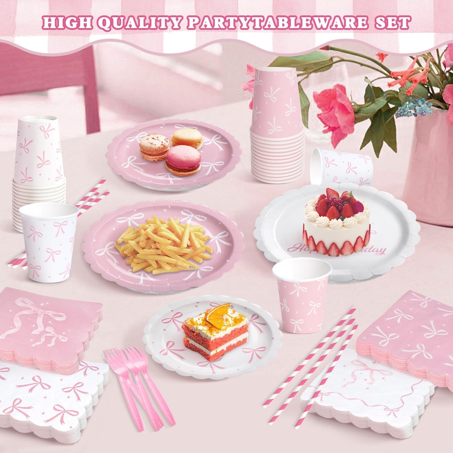 Set of 300 pink bow-themed birthday tableware including plates, cups, and napkins from Kinovo for coquette celebration.
