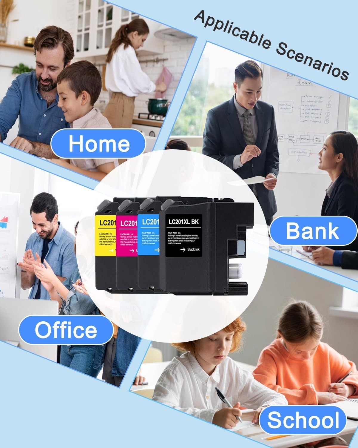 FADFAWN LC201 color ink cartridge 4-pack with black, cyan, magenta, yellow ink for Brother MFC-J460DW printer