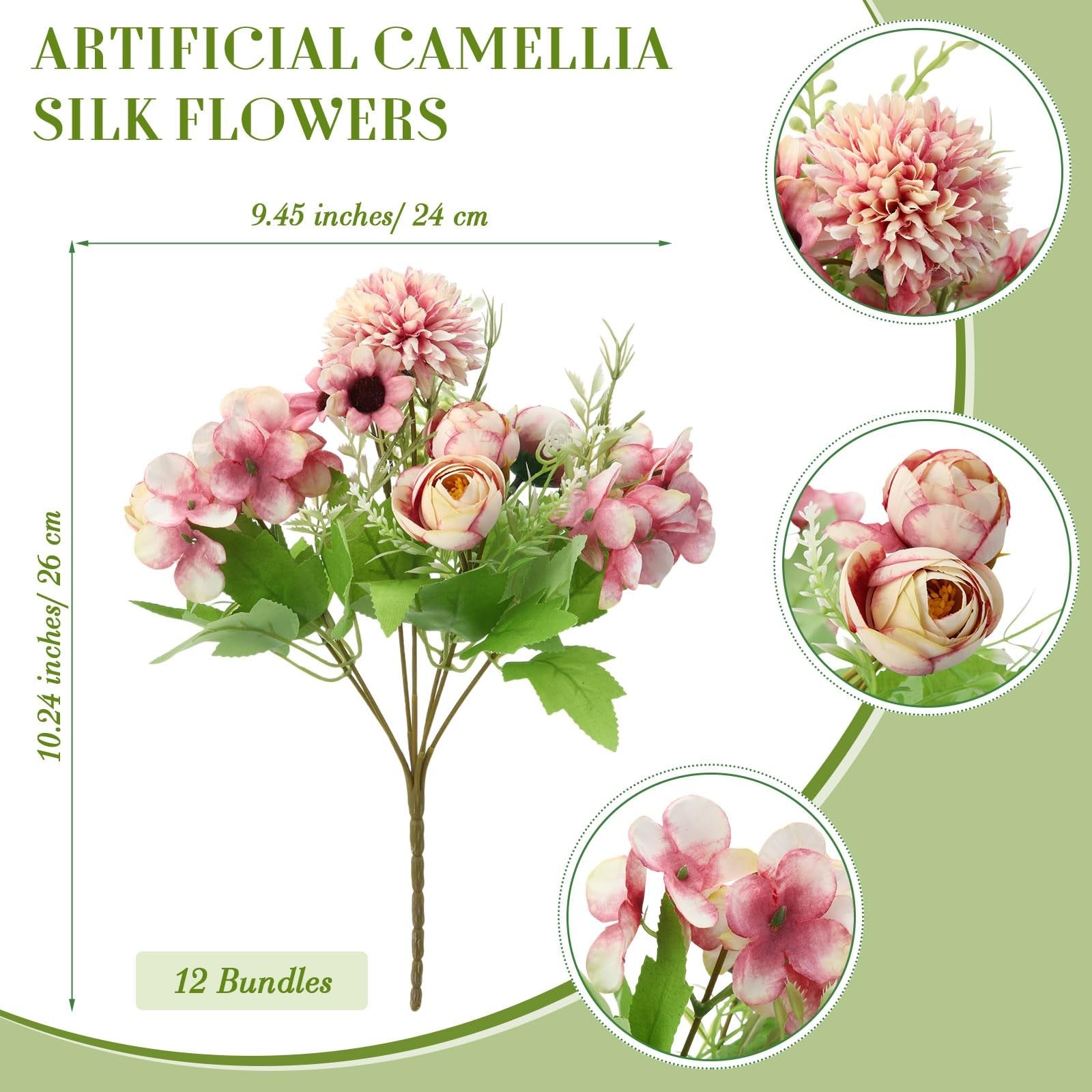 Tigeen 12 bundles of artificial peonies, roses, and hydrangea silk flowers with vibrant blooms and lush green leaves.