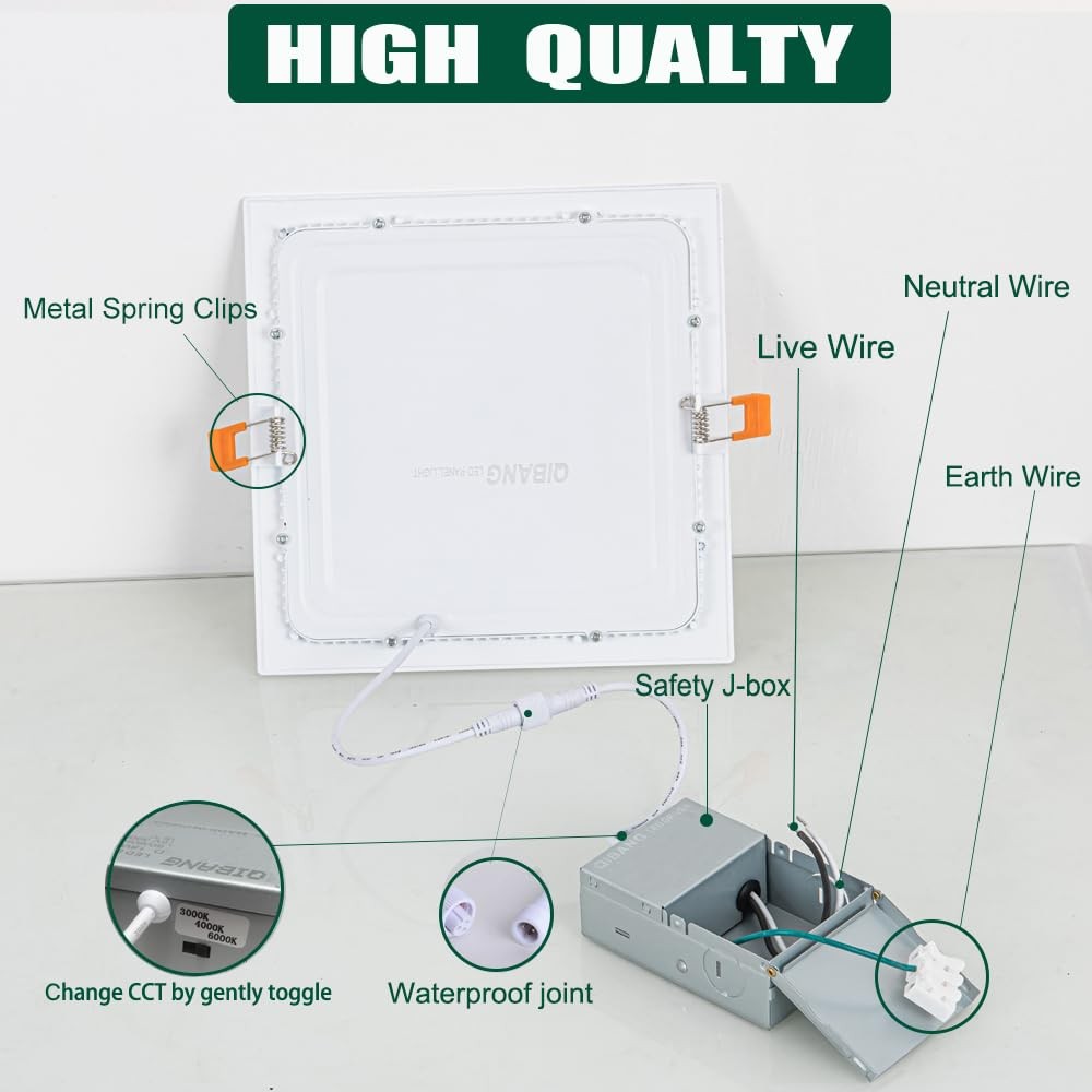 QIBANG 2-pack 8-inch dimmable square recessed LED lights with junction box and 3CCT adjustable color temperature