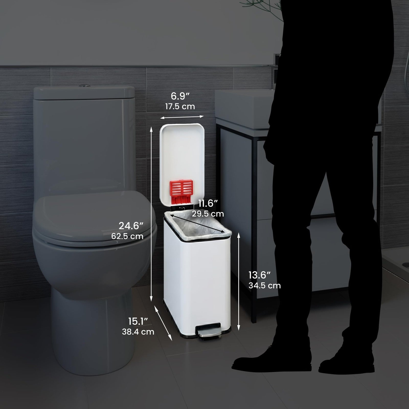 iTouchless 3-gallon slim bathroom trash can with lid and odor filter, featuring soft-step pedal for hands-free opening.
